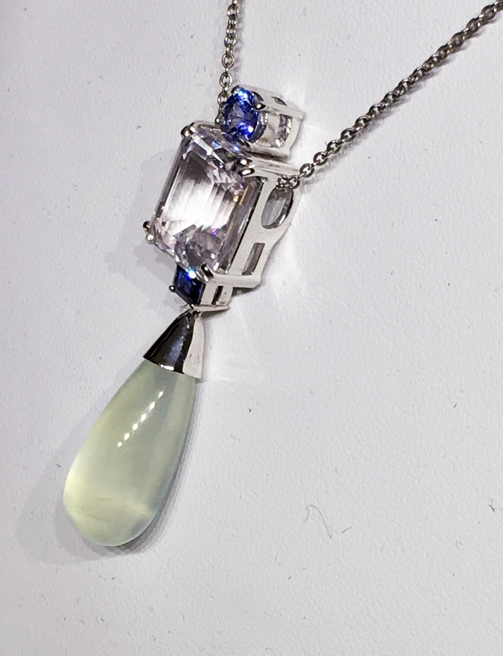 Emerald Cut A Morganite, Sapphire and Prehnite Dangle Pendant set in 18kt White Gold For Sale