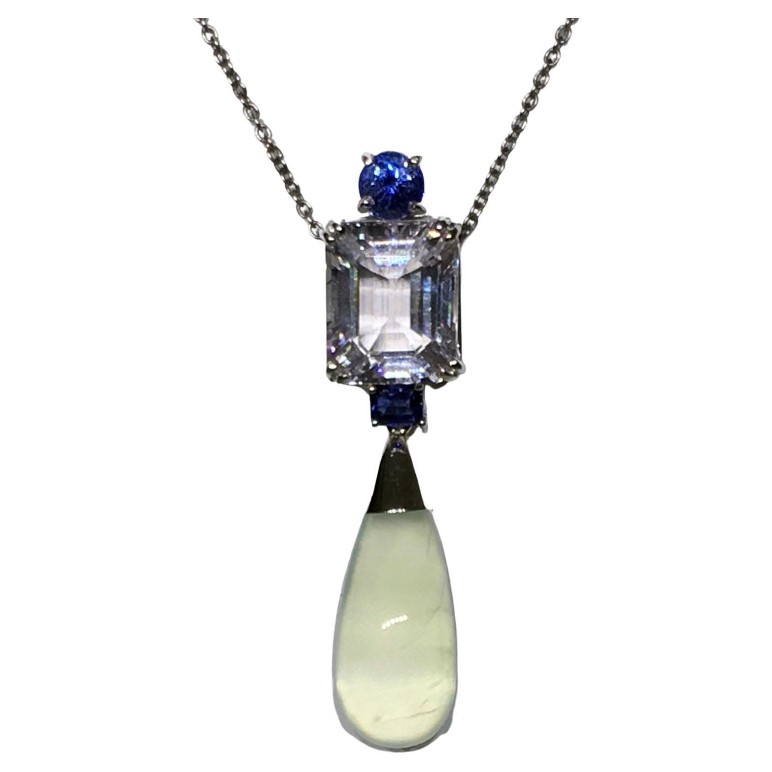 A Morganite, Sapphire and Prehnite Dangle Pendant set in 18kt White Gold For Sale