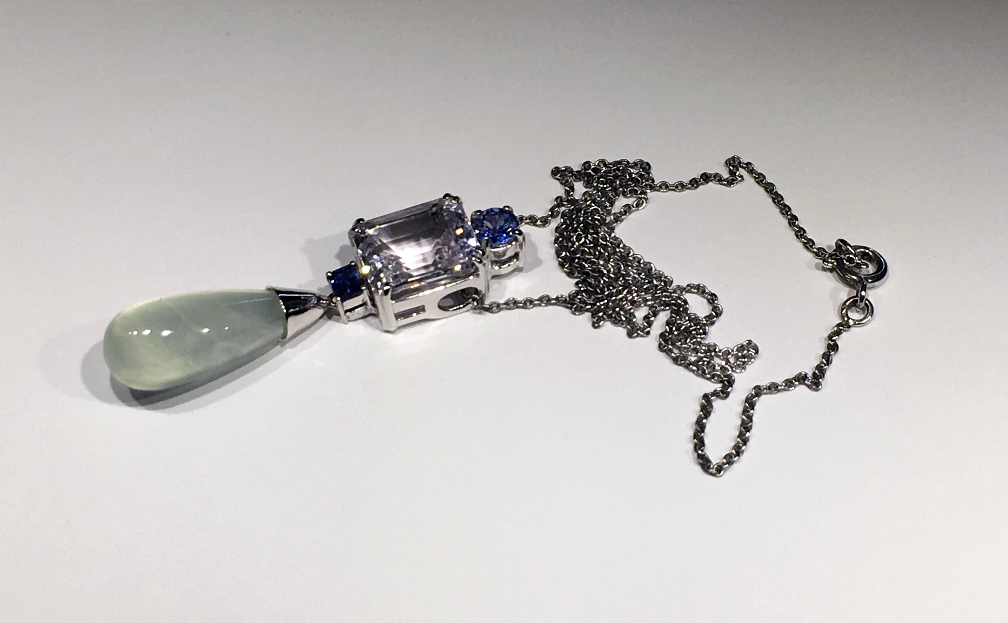 18kt White Gold Pendant with Sapphire, Morganite and Prehnite 7