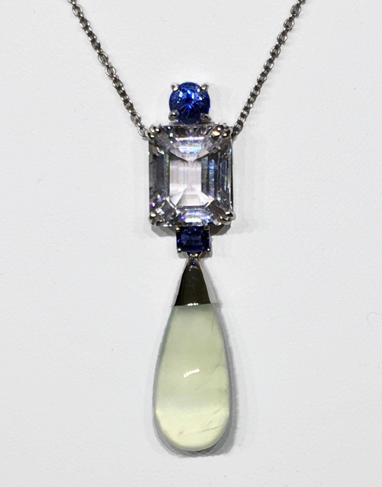 Emerald Cut 18kt White Gold Pendant with Sapphire, Morganite and Prehnite
