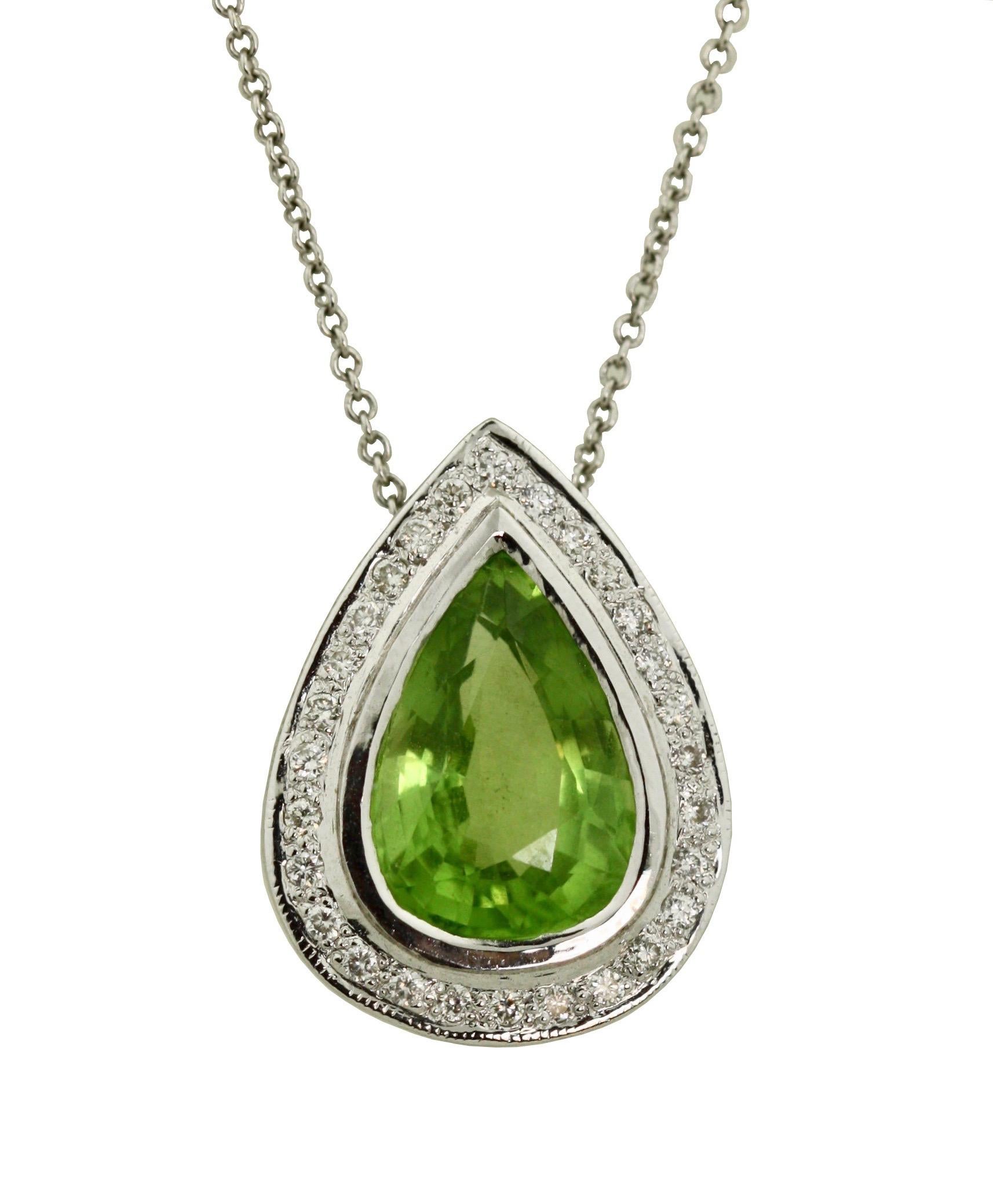 Women's or Men's 18 Karat White Gold Peridot and Diamond Pendant