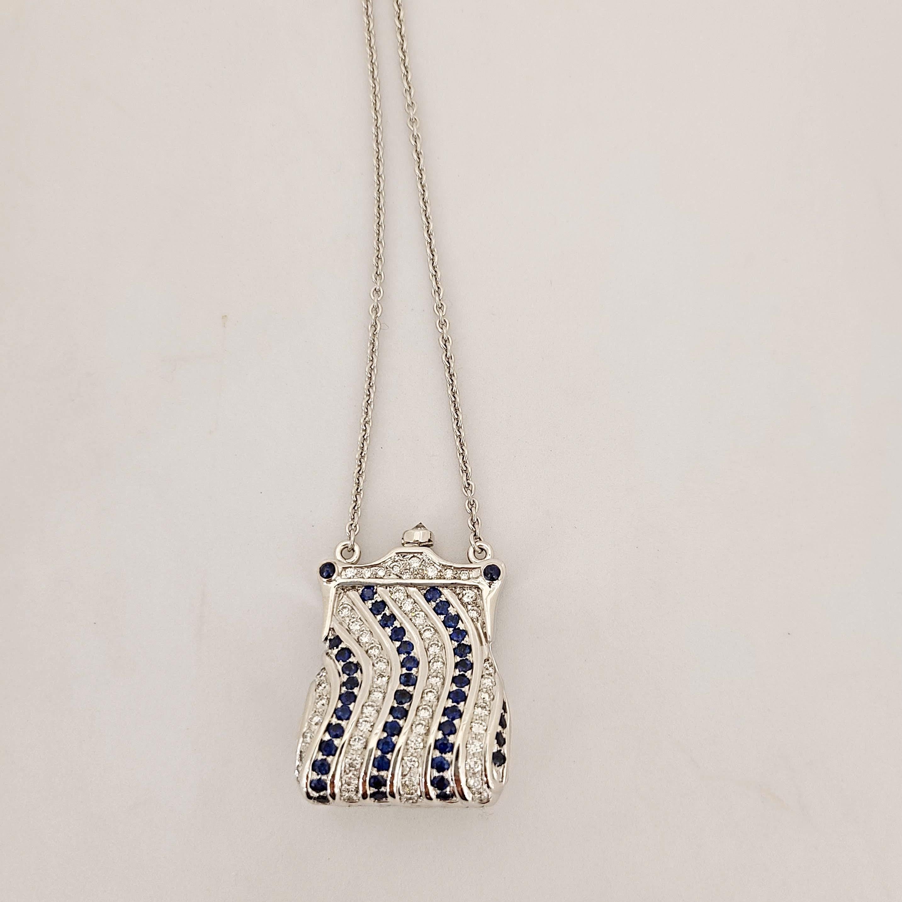 Modern 18KT Gold Petite Purse Necklace with 1.50 Carat Diamonds & 1.50 Carat Sapphires For Sale