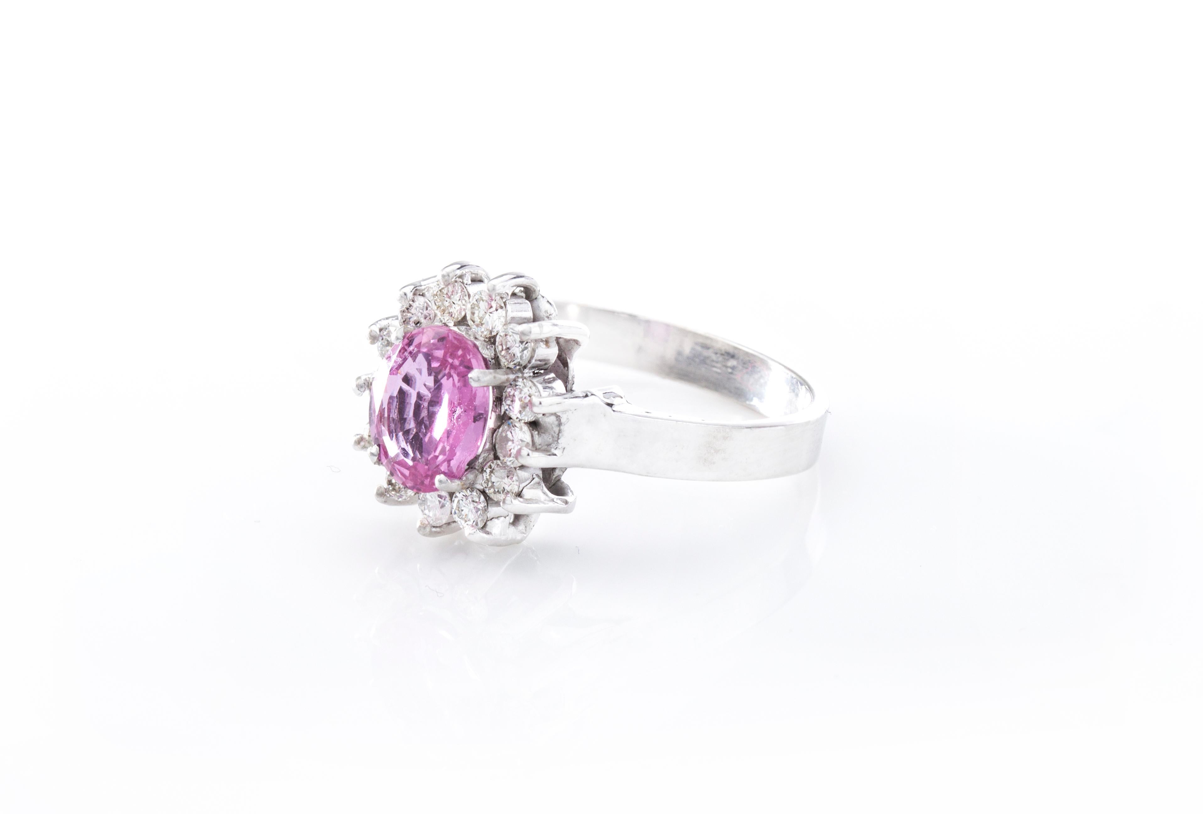 Oval Cut 18 Karat White Gold Pink Sapphire and Diamond Cluster Ring For Sale