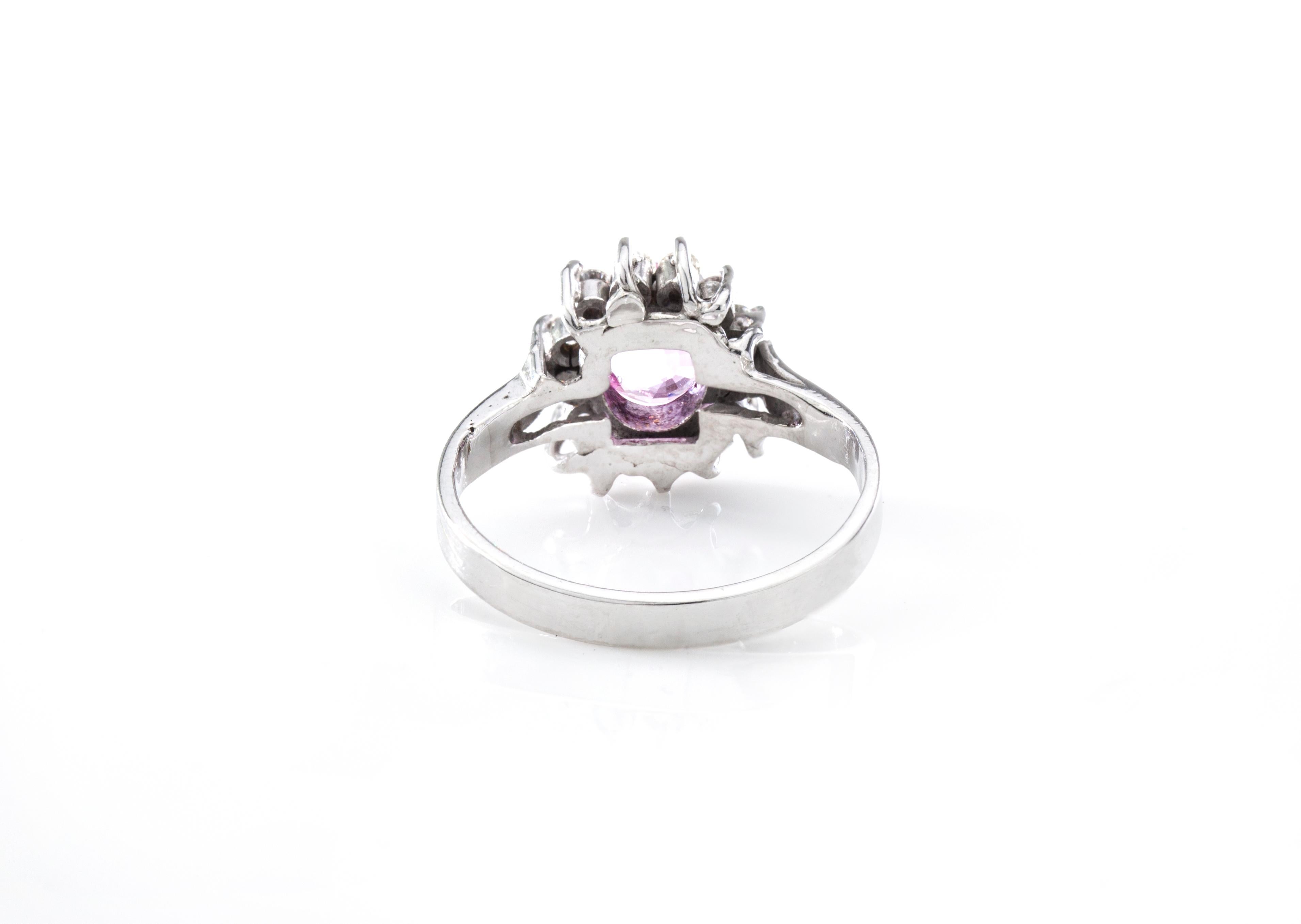 18 Karat White Gold Pink Sapphire and Diamond Cluster Ring In Excellent Condition For Sale In Braintree, GB