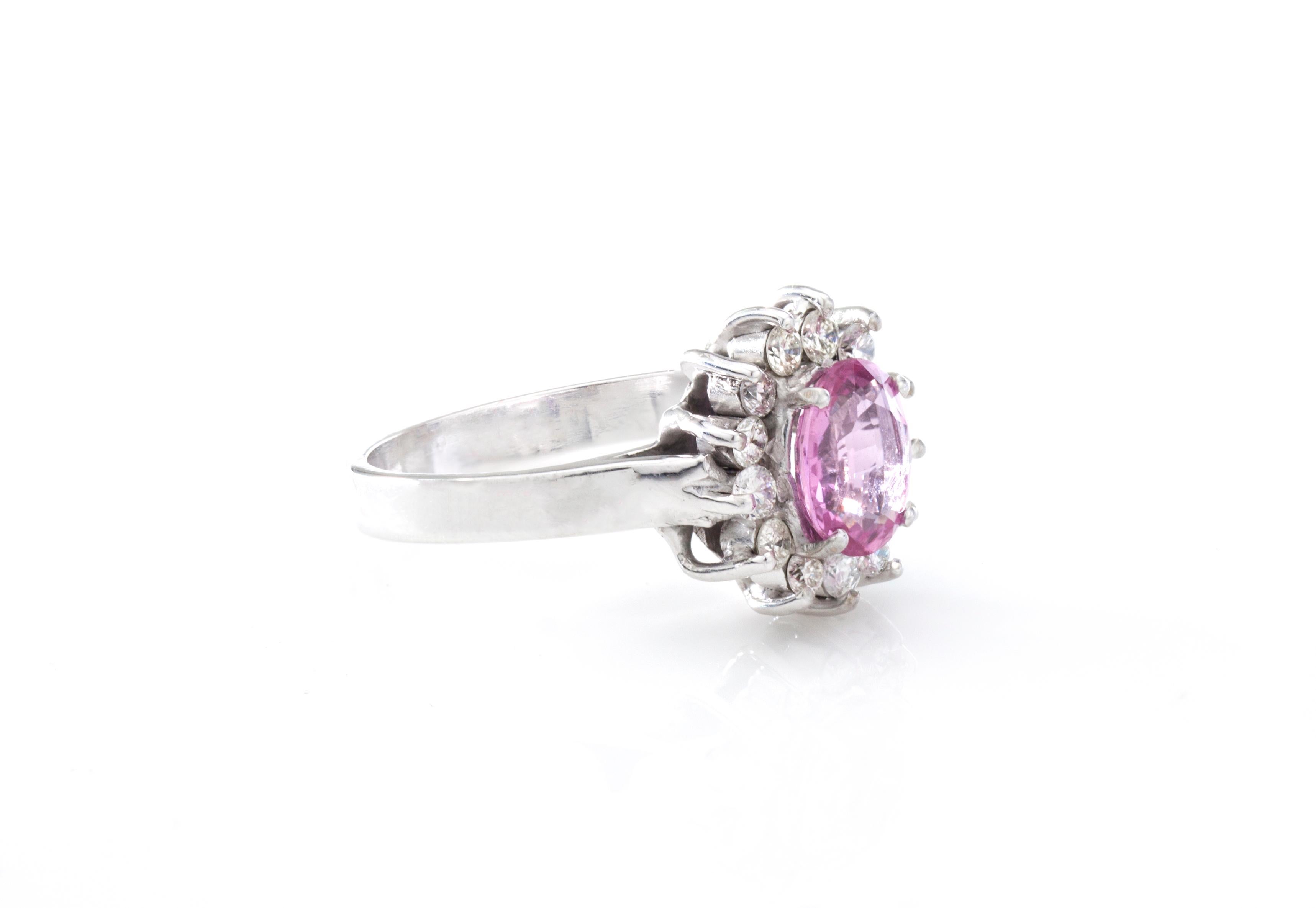 Women's 18 Karat White Gold Pink Sapphire and Diamond Cluster Ring For Sale