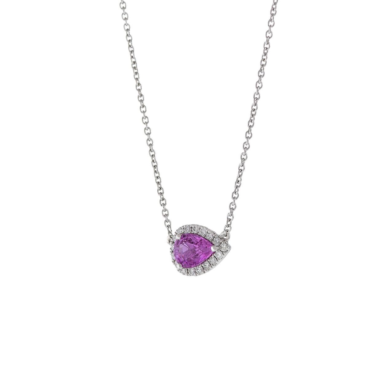 Modern 18KT White Gold Pink Sapphire And Diamond Pear Shaped Pendant Necklace For Sale