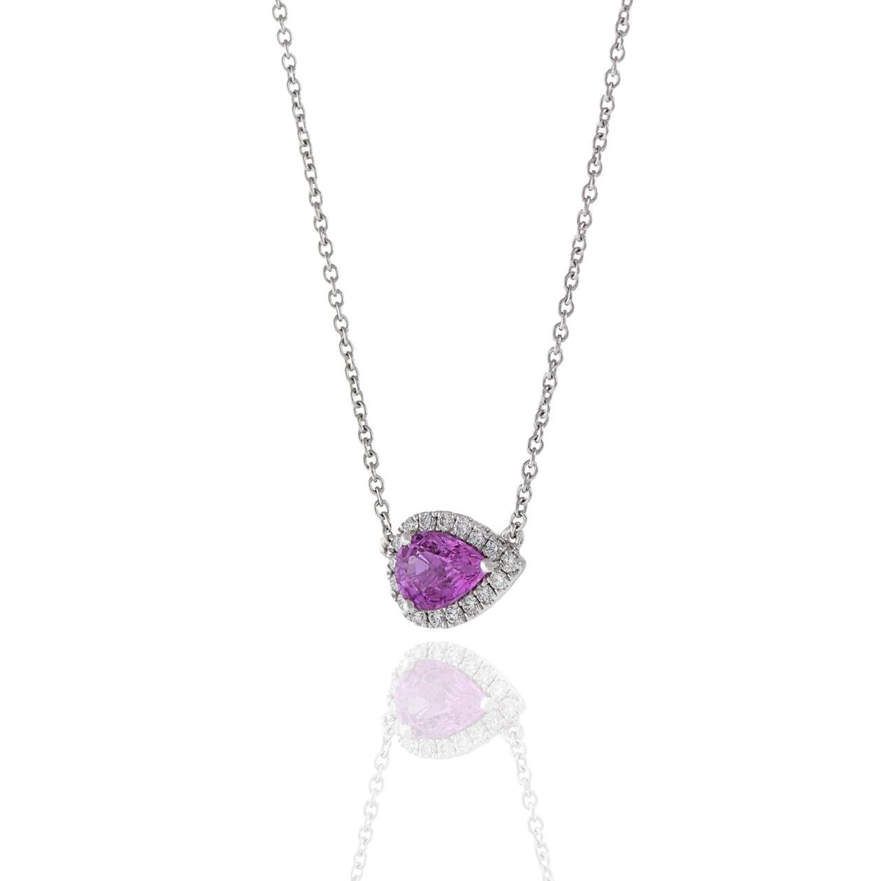 Pear Cut 18KT White Gold Pink Sapphire And Diamond Pear Shaped Pendant Necklace For Sale