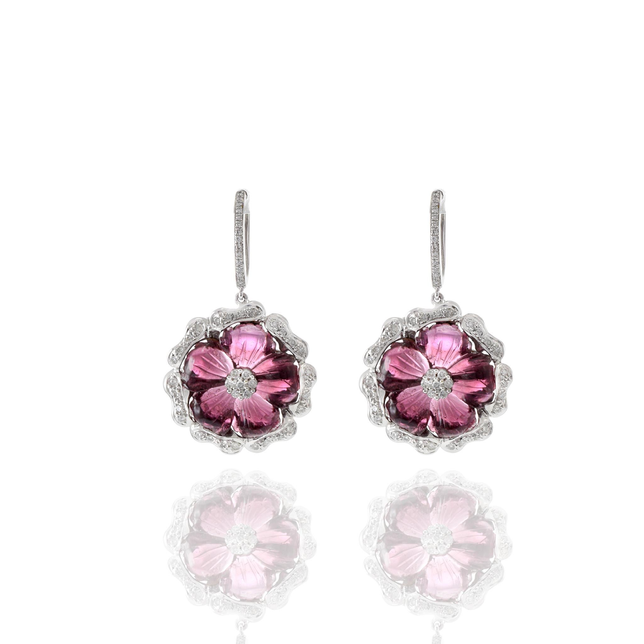 Modern 18KT White Gold Pink Tourmaline And Diamond Flower Drop Earrings