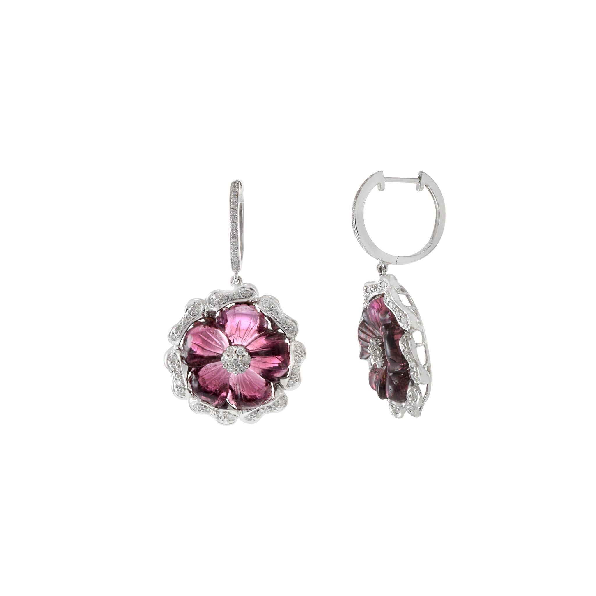 Round Cut 18KT White Gold Pink Tourmaline And Diamond Flower Drop Earrings