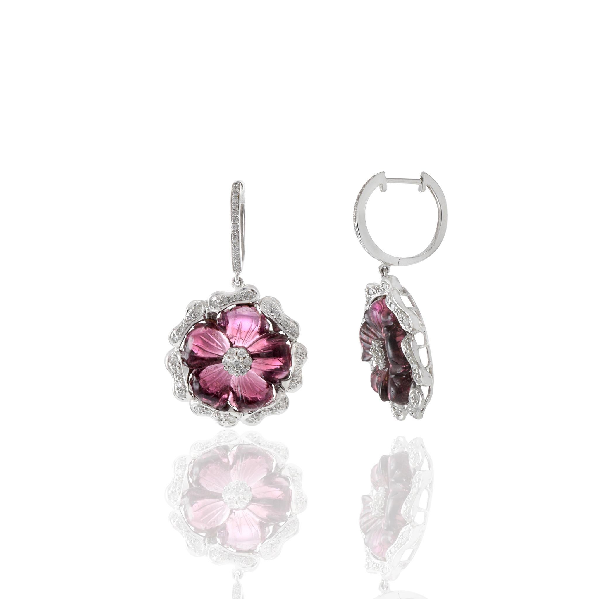18KT White Gold Pink Tourmaline And Diamond Flower Drop Earrings In New Condition In New York, NY
