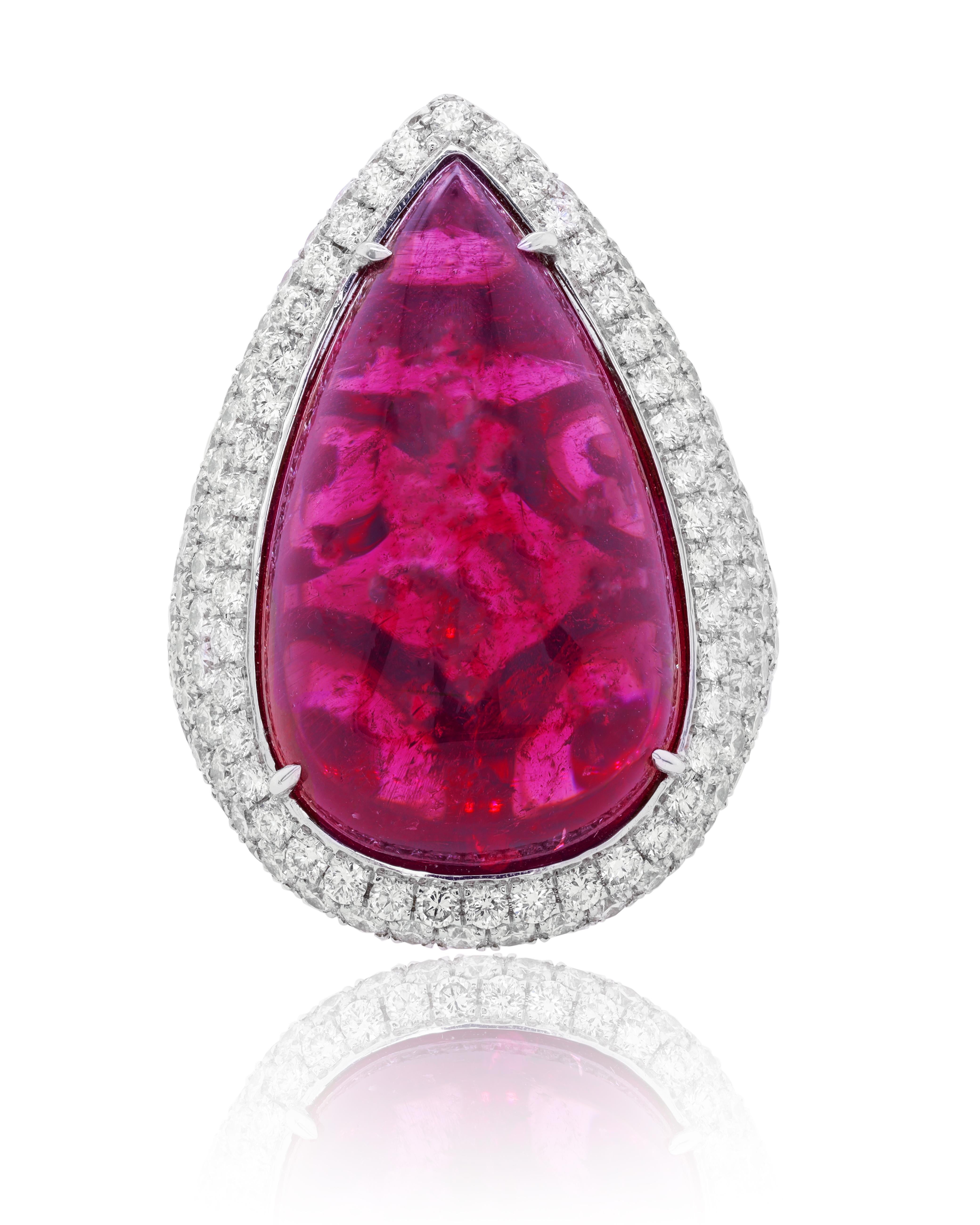 18kt White Gold Pink Tourmaline Cabochon Cut Diamond Ring In New Condition For Sale In New York, NY