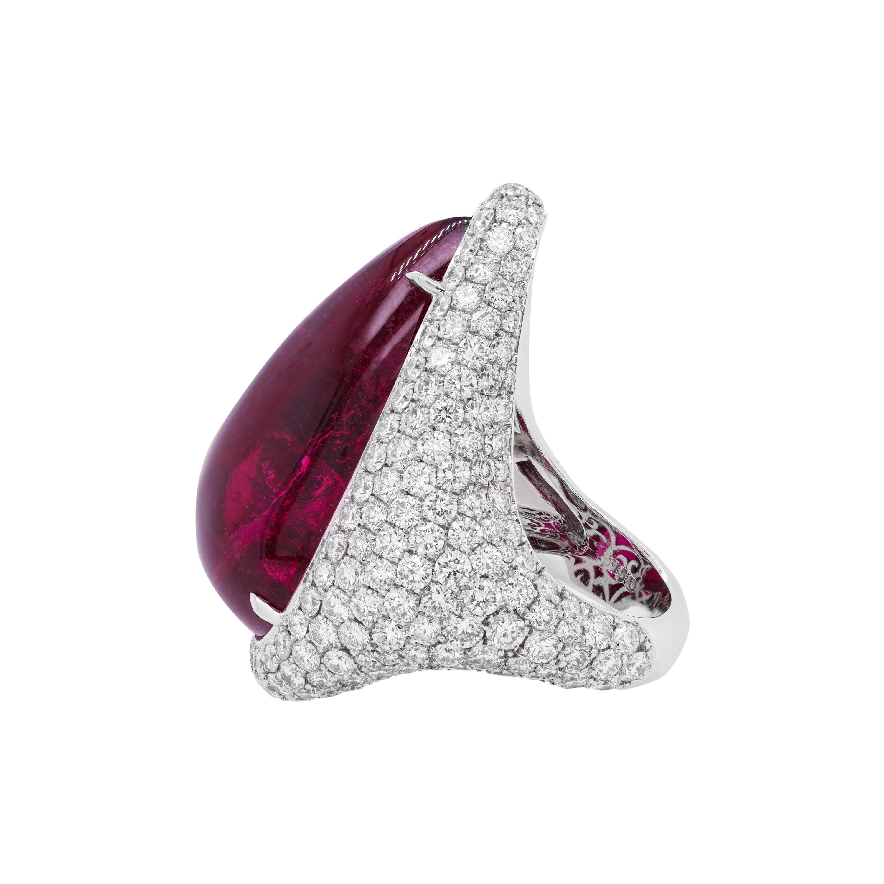18kt White Gold Pink Tourmaline Cabochon Cut Diamond Ring, Features Gia Certified 36.08ct Pear Shape Pink (Purplish Red) Tourmaline And 6.50ct Of Micropave Round Diamonds Going Three-quarters Of The Way Around
