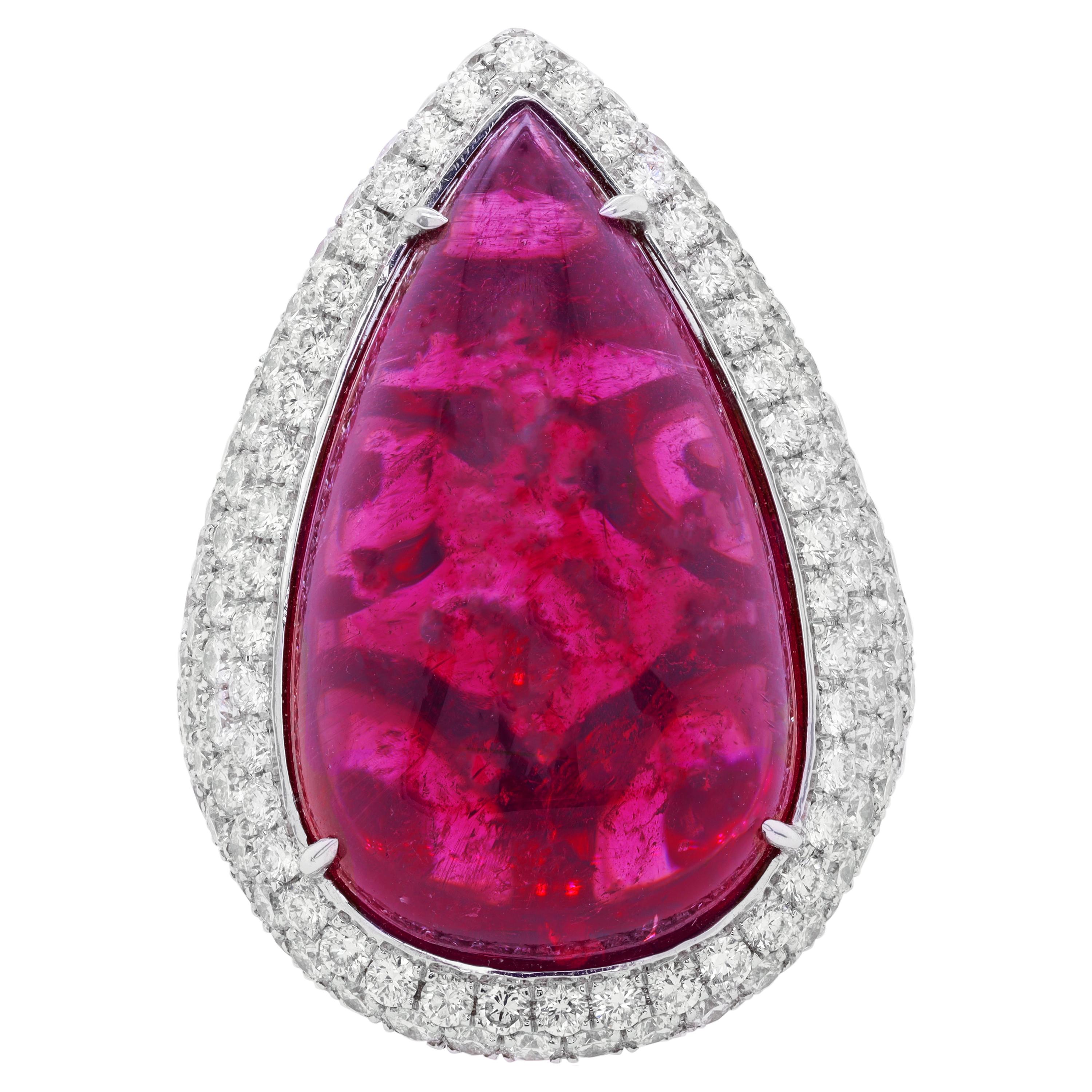 18kt White Gold Pink Tourmaline Cabochon Cut Diamond Ring For Sale