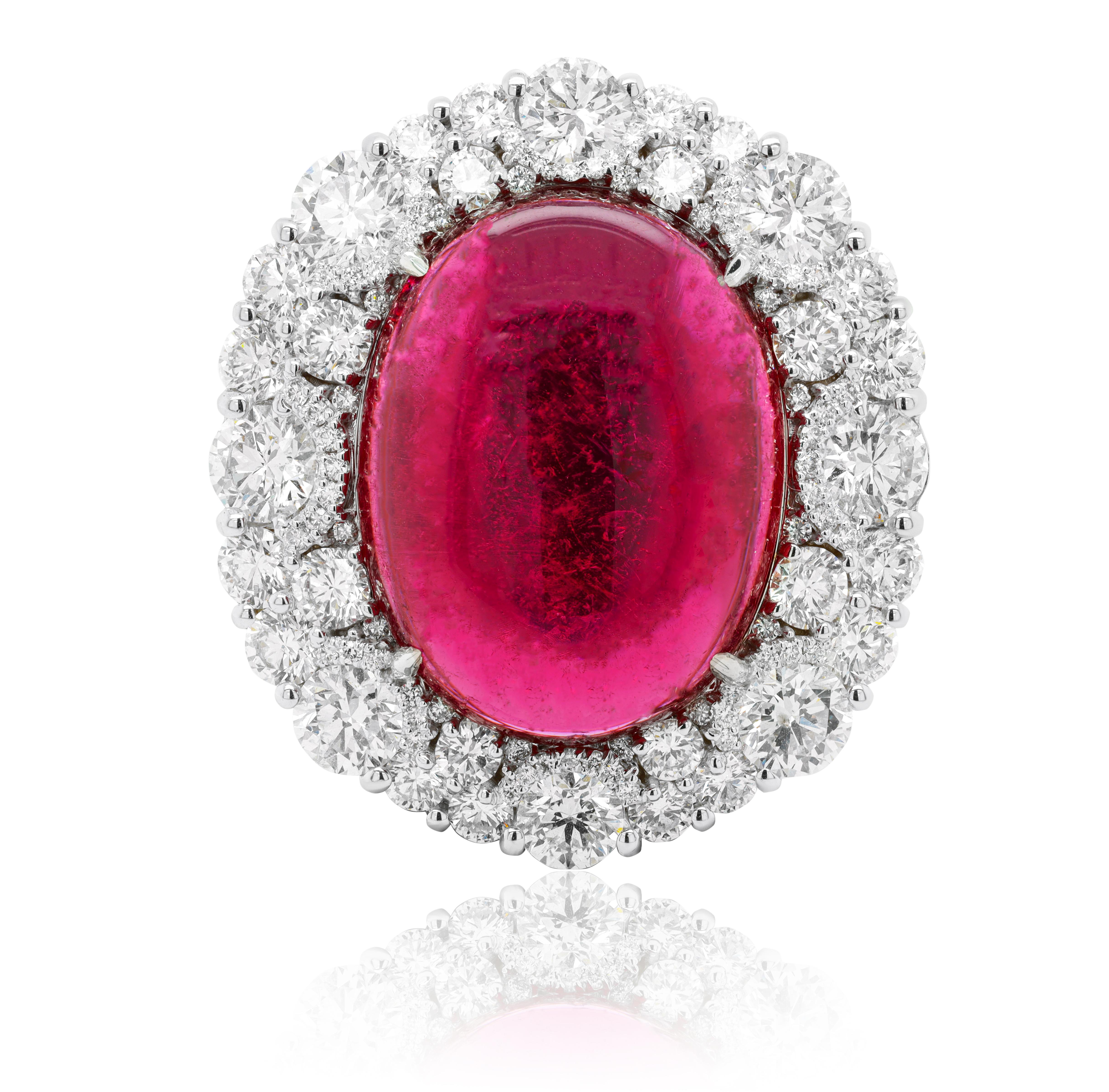 18kt White Gold Pink Tourmaline Cabochon Diamond Ring In New Condition For Sale In New York, NY