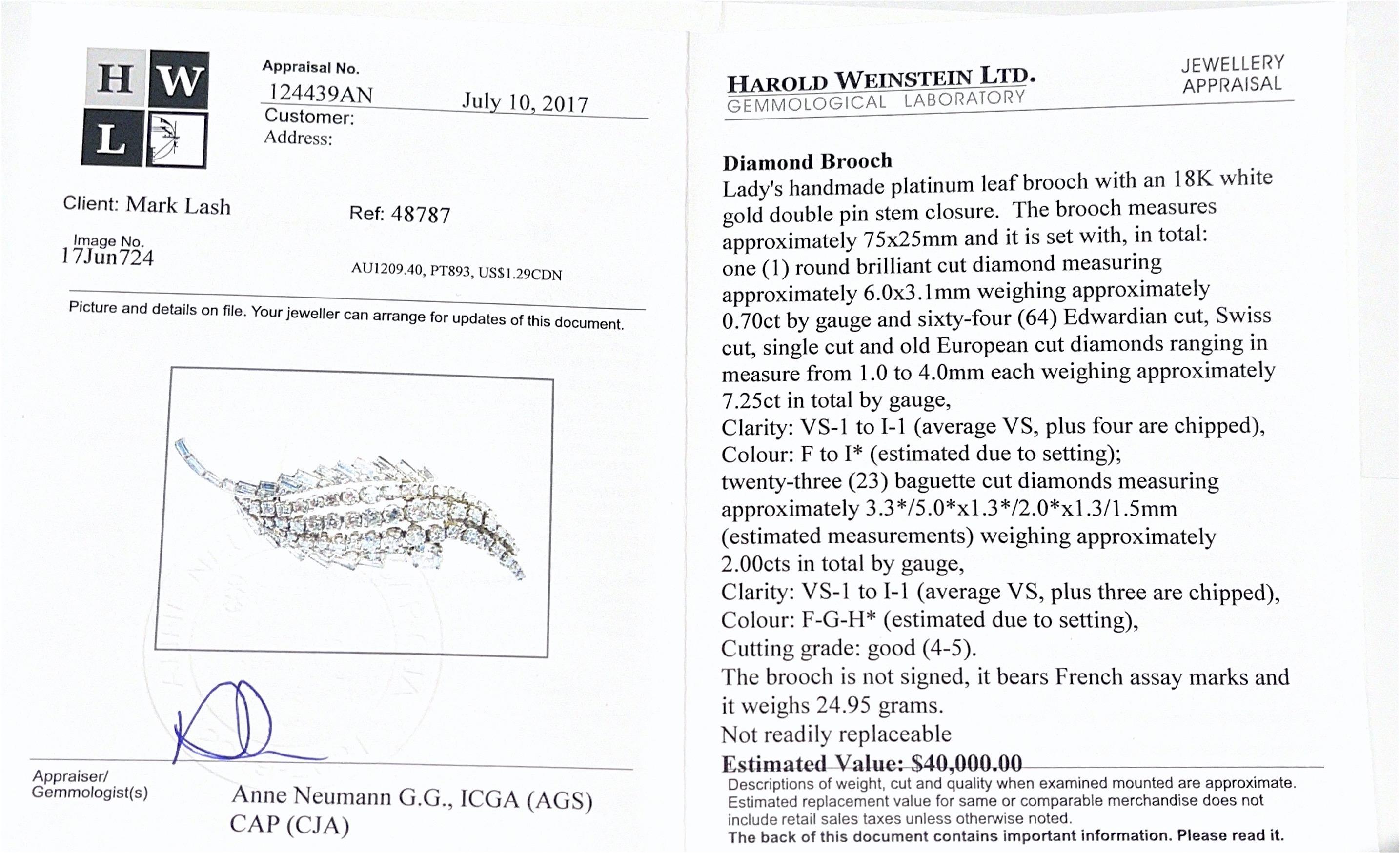Women's or Men's 18kt White Gold & Platinum Diamond Leaf Brooch For Sale