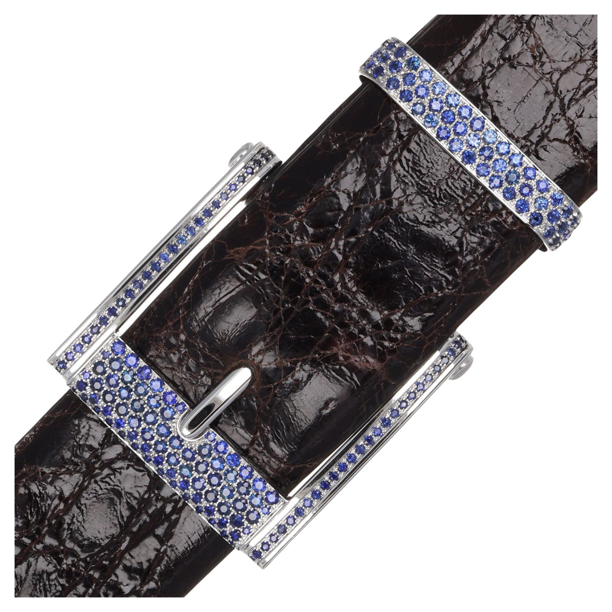 Boucle de ceinture précieuse en or blanc 18 carats avec saphirs bleus 6,99 carats, cadeau d'Italie 