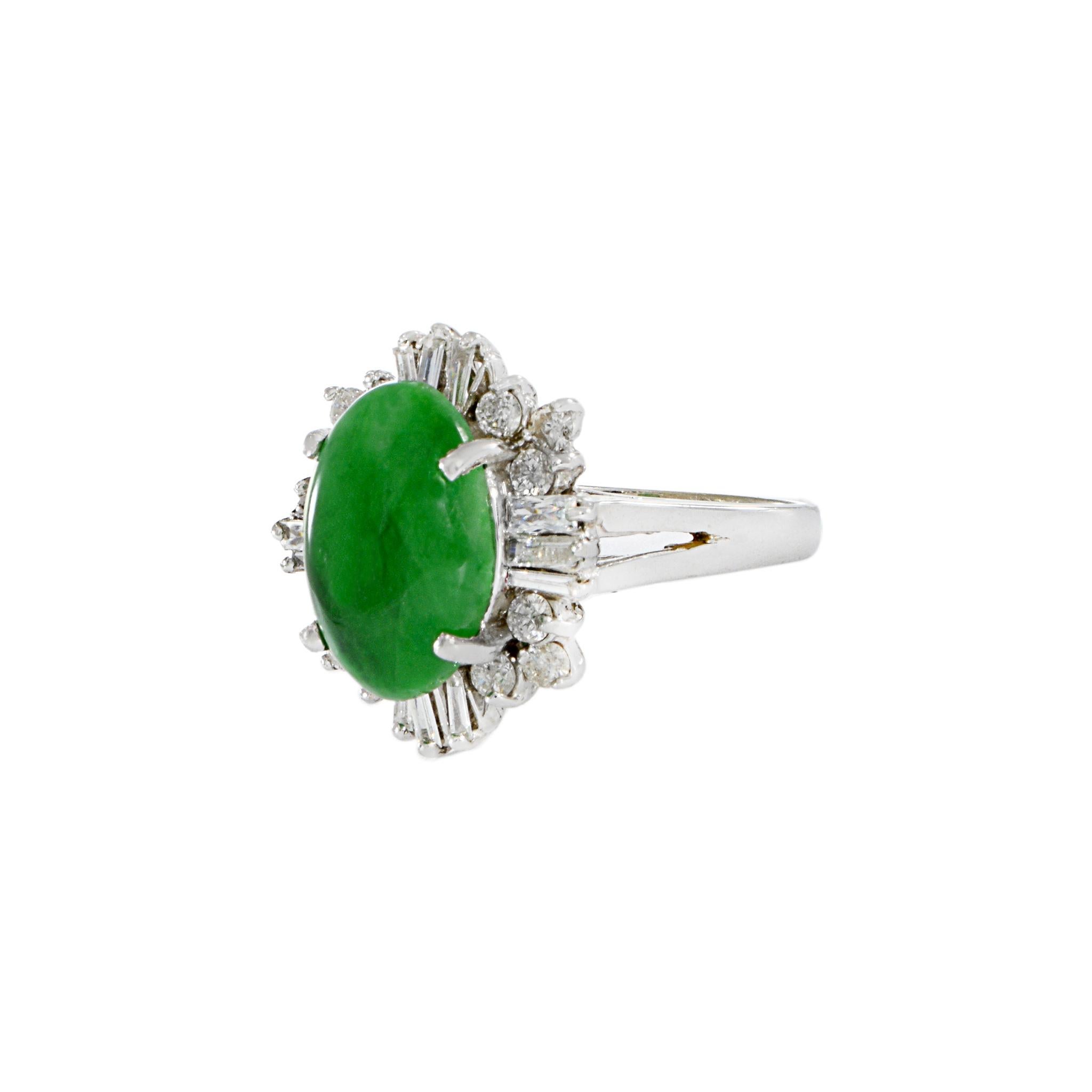 Oval Cut 18KT White Gold Retro Era Jade And Diamond Ring For Sale