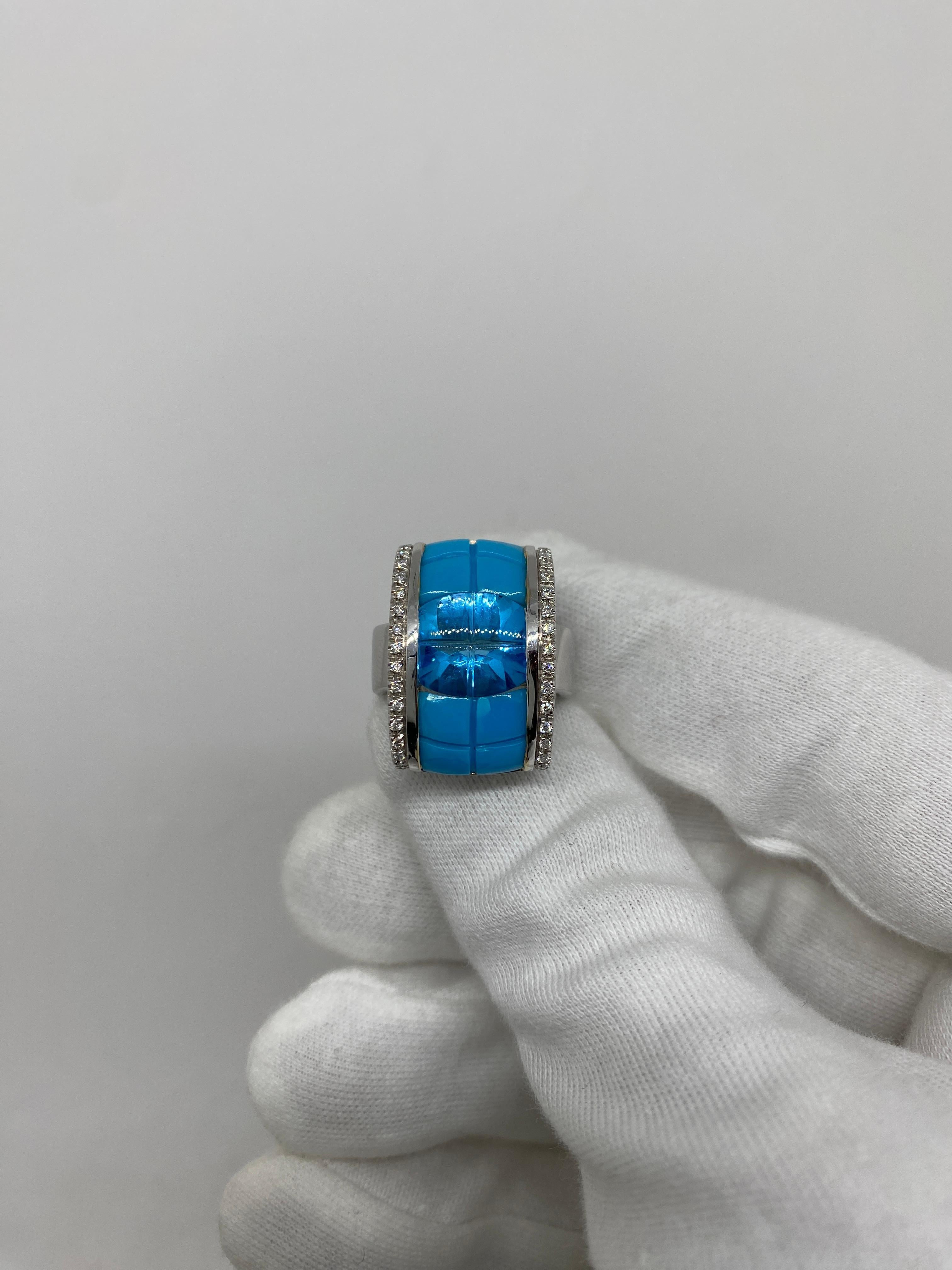 Ring made of 18kt white gold with turquoise for ct . 7.50 and topaz for ct .4.00 and natural brilliant-cut diamonds for ct.0.22

Welcome to our jewelry collection, where every piece tells a story of timeless elegance and unparalleled craftsmanship.