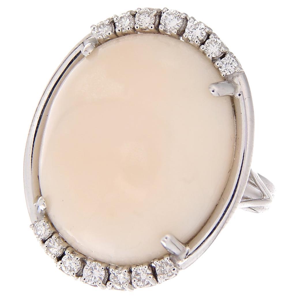 18 Karat White Gold Ring "Angel Skin" Coral & White Diamonds For Sale
