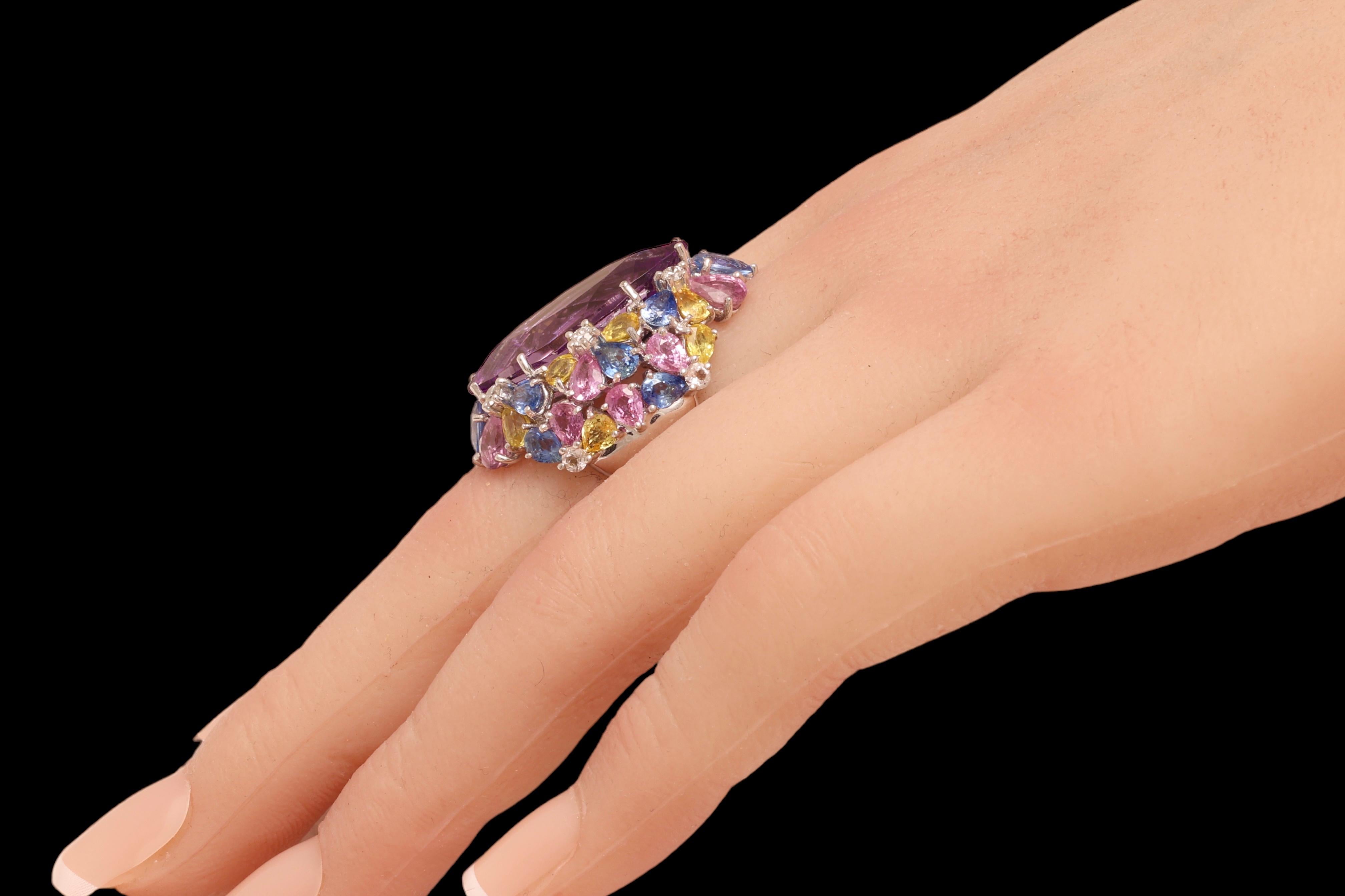 18kt White Gold Ring Big Amethyst Center Stone & Blue, Pink Sapphires, Diamonds  For Sale 4