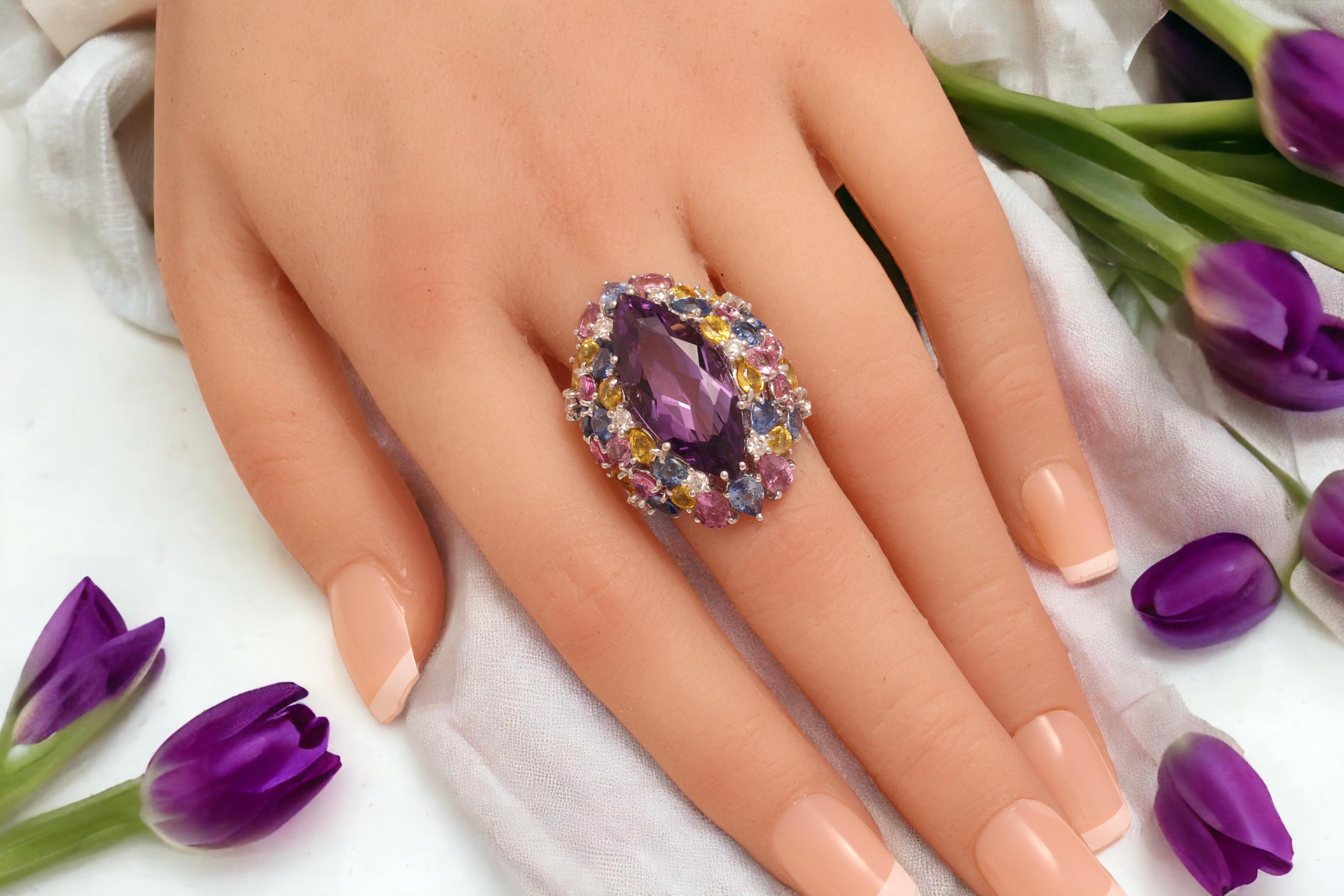 18kt White Gold Ring Big Amethyst Center Stone & Blue, Pink Sapphires, Diamonds  For Sale 5