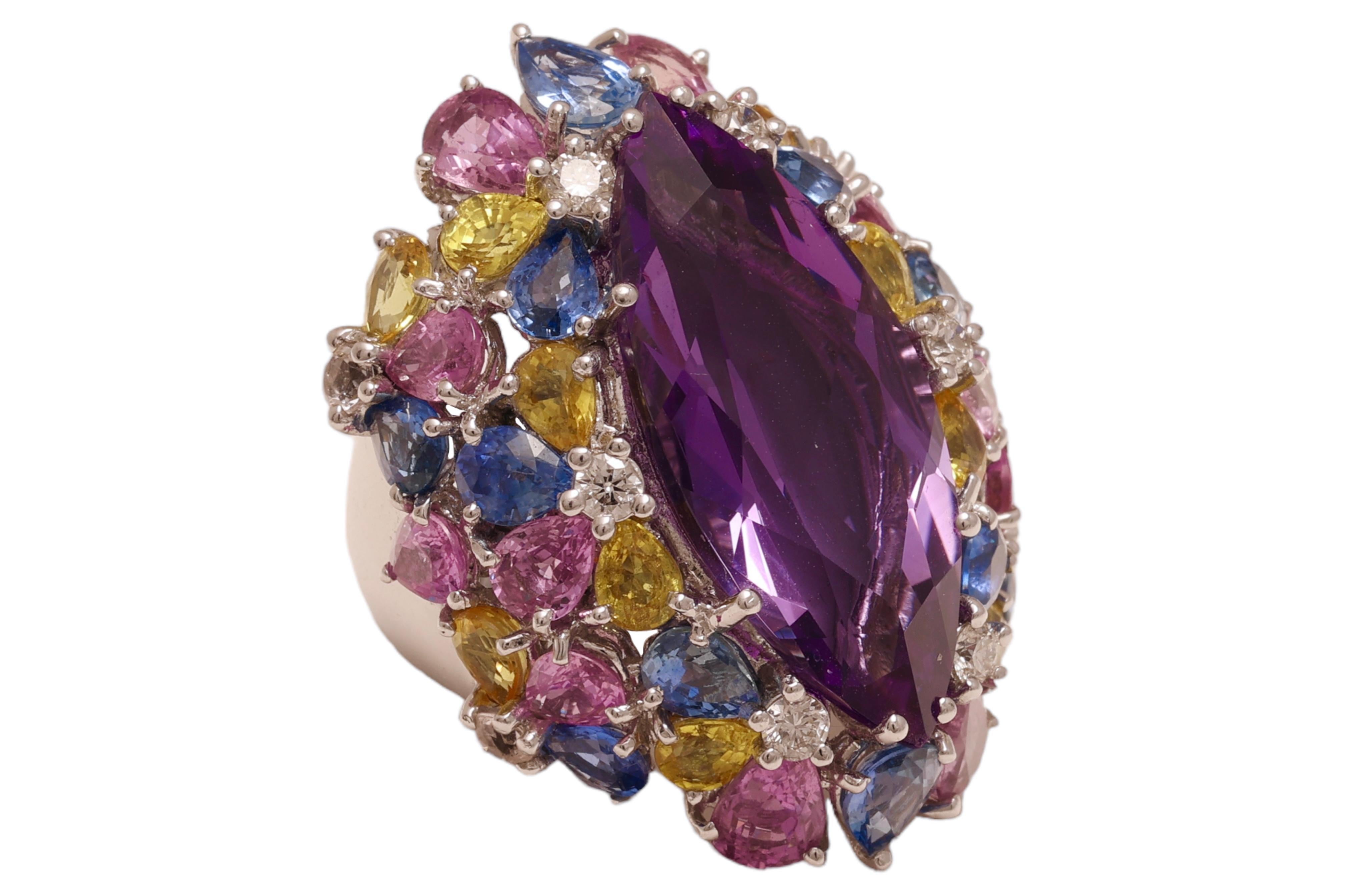 Artisan 18kt White Gold Ring Big Amethyst Center Stone & Blue, Pink Sapphires, Diamonds  For Sale
