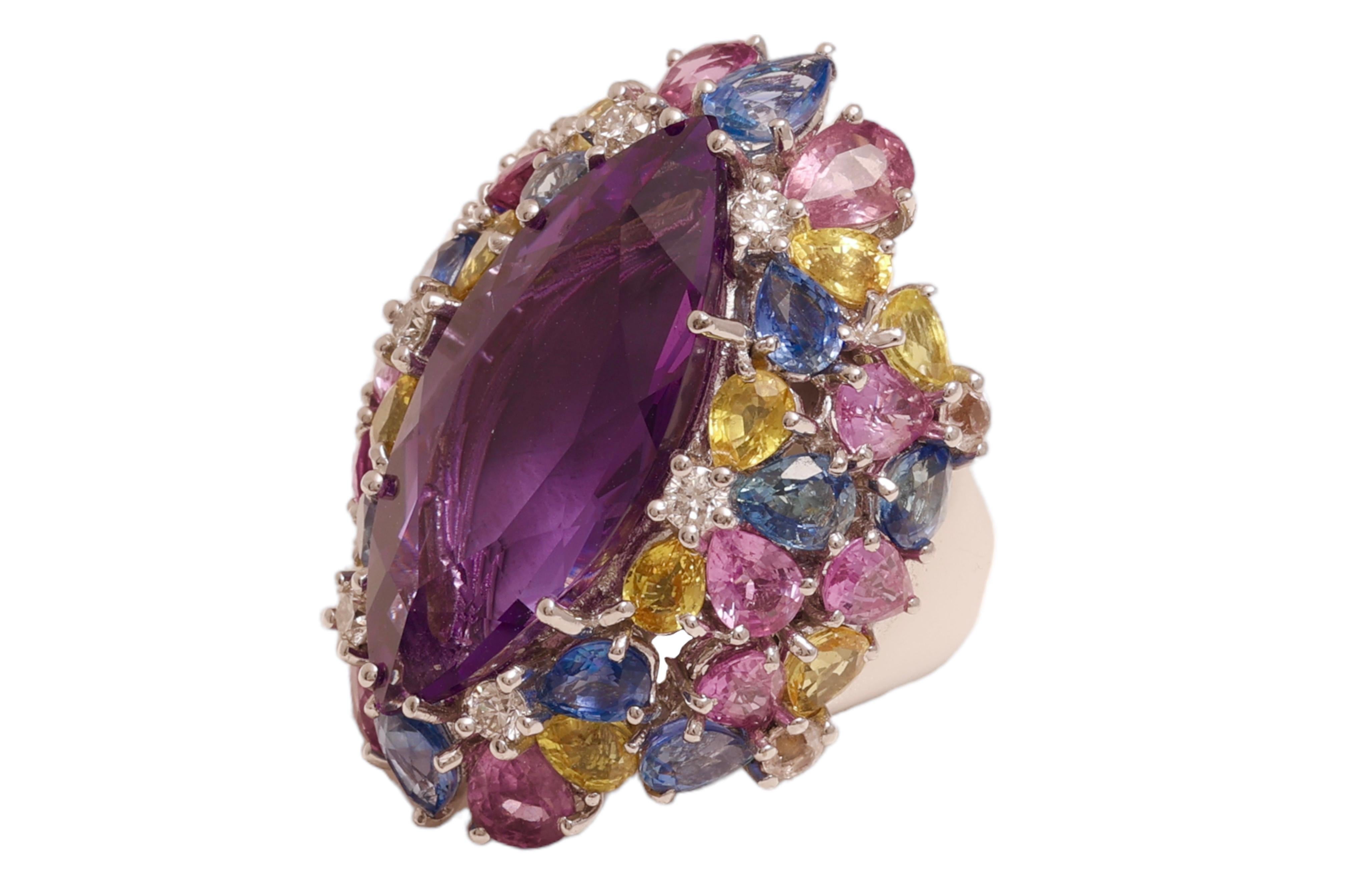 Marquise Cut 18kt White Gold Ring Big Amethyst Center Stone & Blue, Pink Sapphires, Diamonds  For Sale