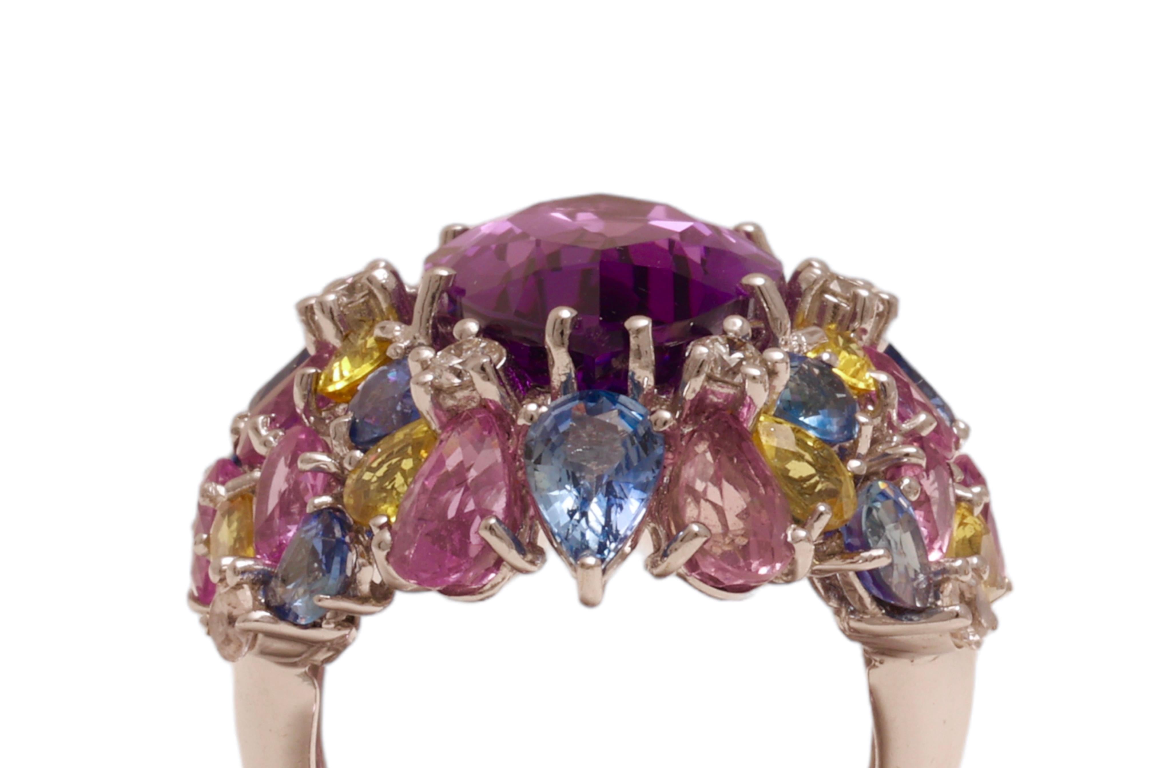 Women's or Men's 18kt White Gold Ring Big Amethyst Center Stone & Blue, Pink Sapphires, Diamonds  For Sale