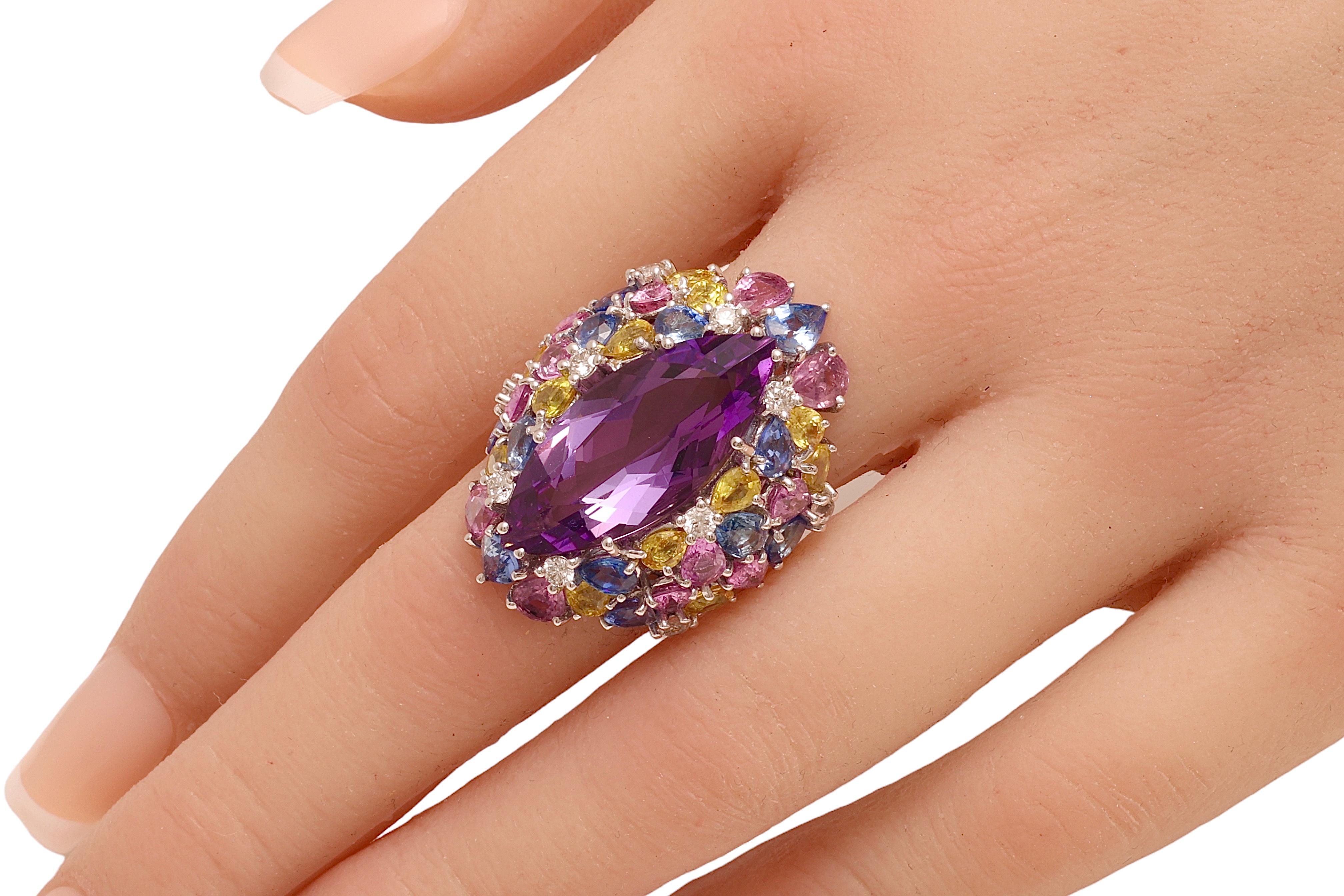 18kt White Gold Ring Big Amethyst Center Stone & Blue, Pink Sapphires, Diamonds  For Sale 3