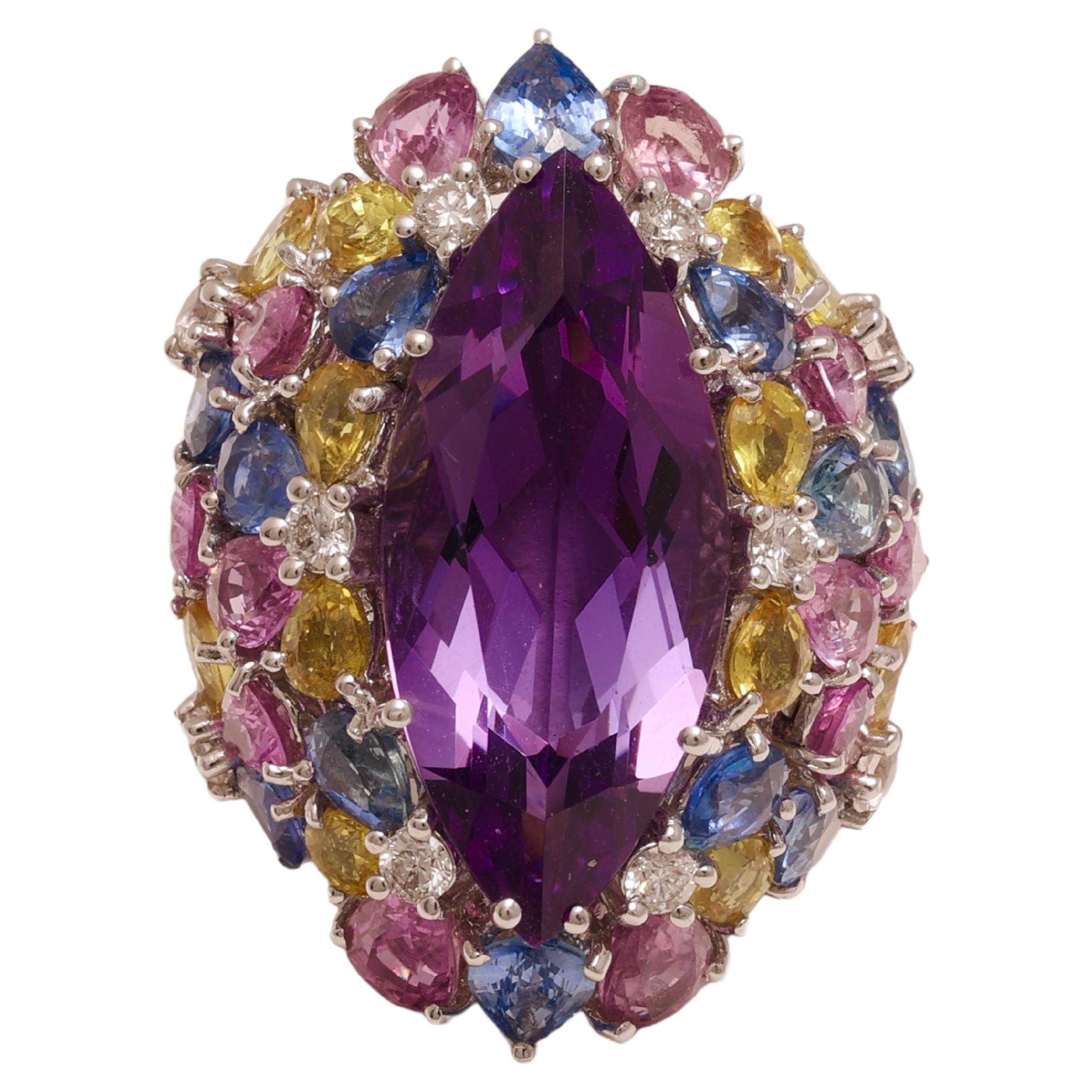 18 Karat Weißgold Ring mit großem Amethyst in der Mitte und blauem, rosa Saphiren, Diamanten 