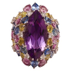 18kt White Gold Ring Big Amethyst Center Stone & Blue, Pink Sapphires, Diamonds 
