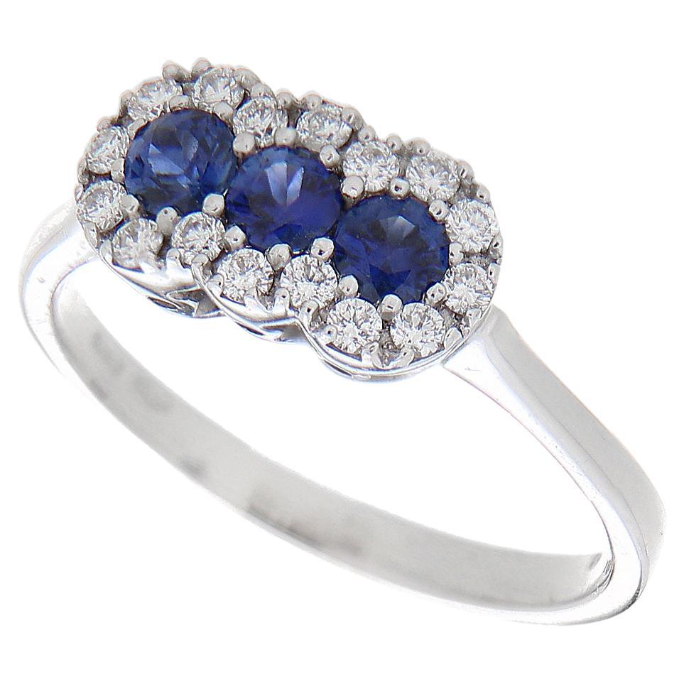 18Kt Weißgold Ring Blaue Saphire 0,45 ct Weiße Diamanten 0,24