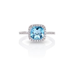18kt White Gold Ring Cushion Cut Blue Topaz 1.80ct and Micro Pave Diamonds Halo