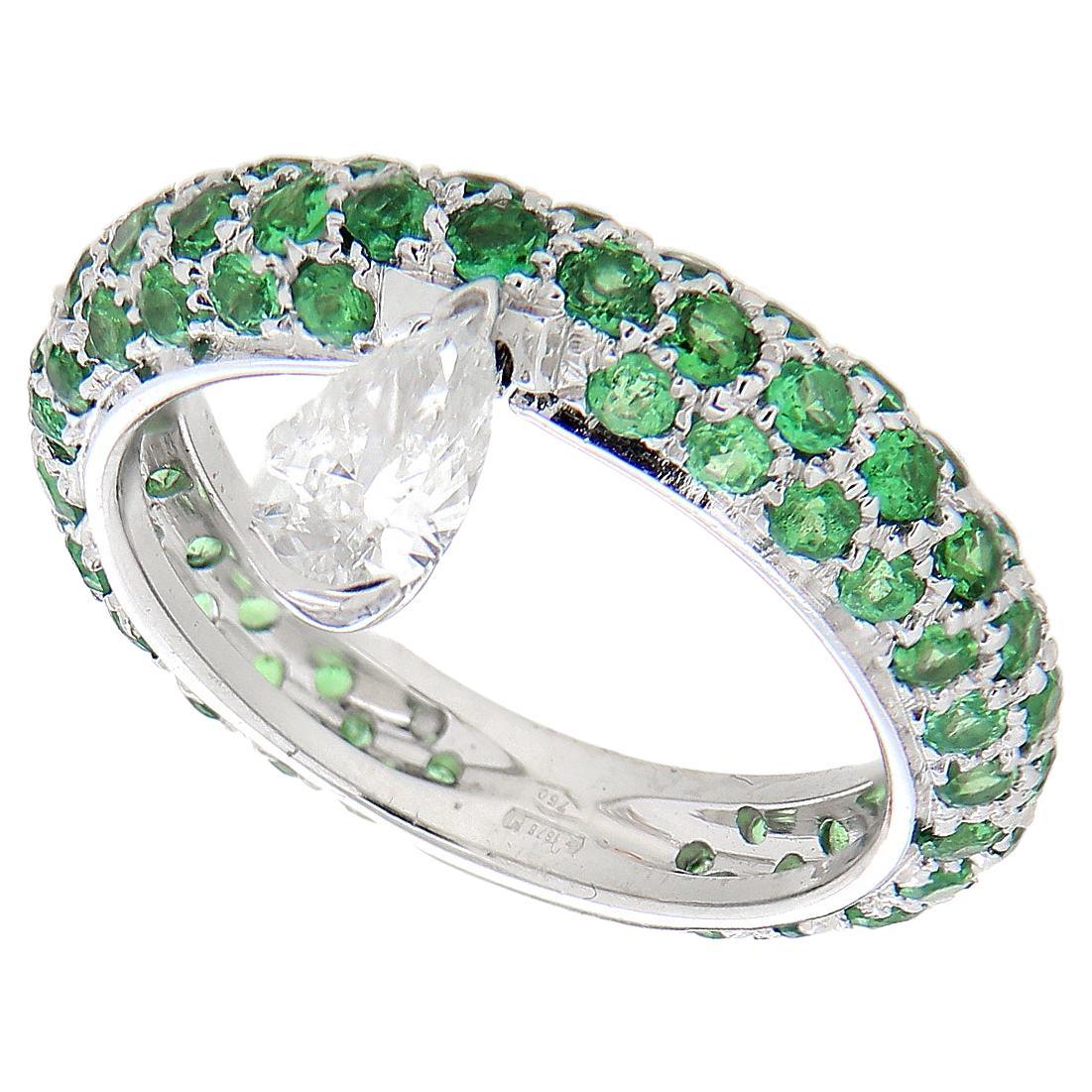 18Kt White Gold Ring Drop White Diamond 0.46 ct Green Tsavorite 2.22 ct For Sale