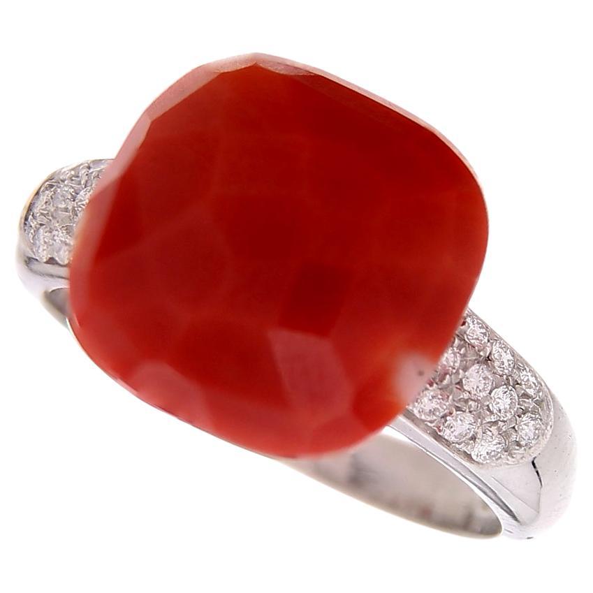 18 Karat White Gold Ring Red Coral & White Diamonds For Sale