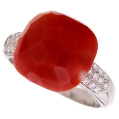 Vintage 18 Karat White Gold Ring Red Coral & White Diamonds