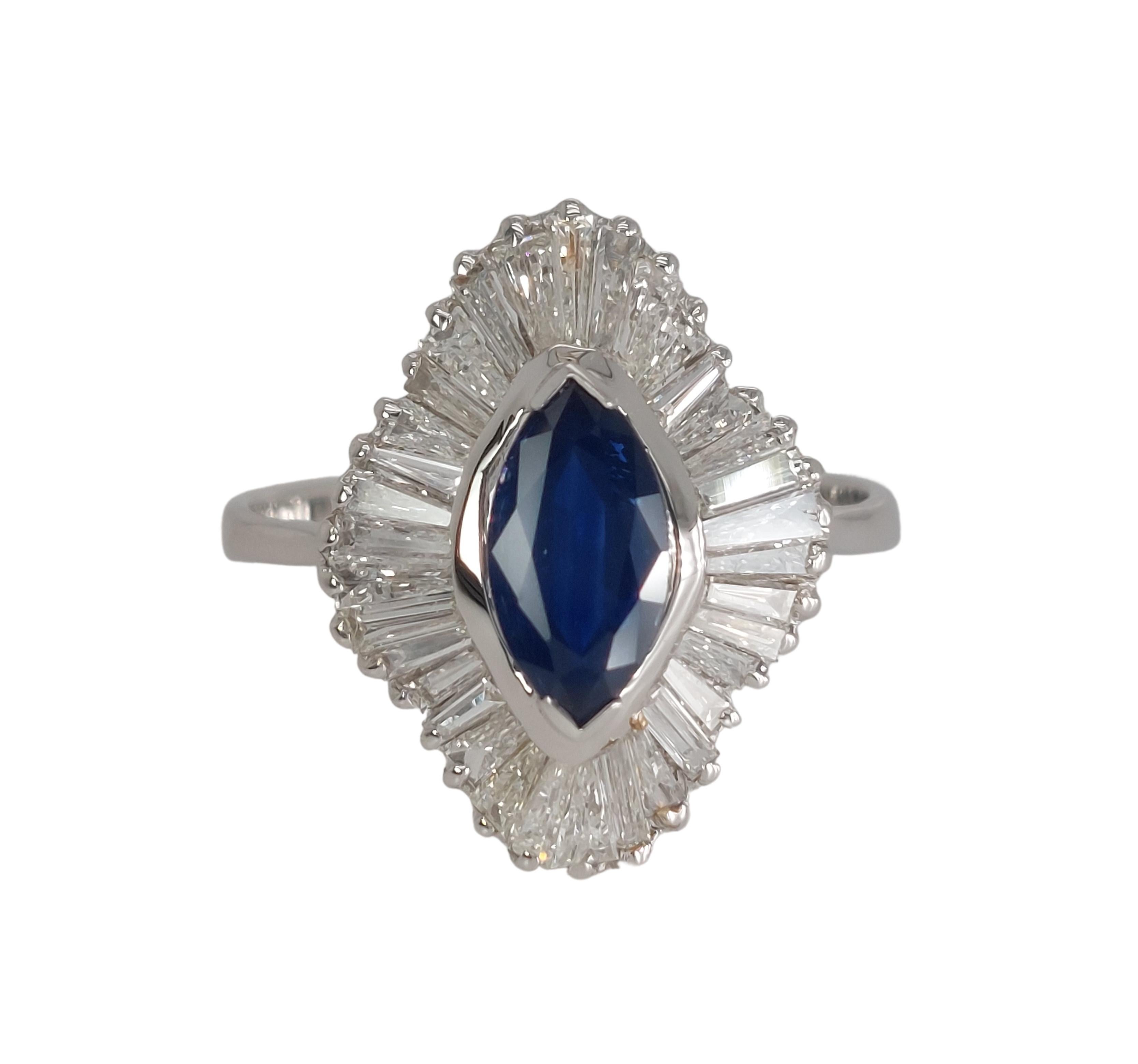 Artisan 18kt White Gold Ring with 1.02ct Marquise Cut Sapphire and 2.4ct Diamonds For Sale