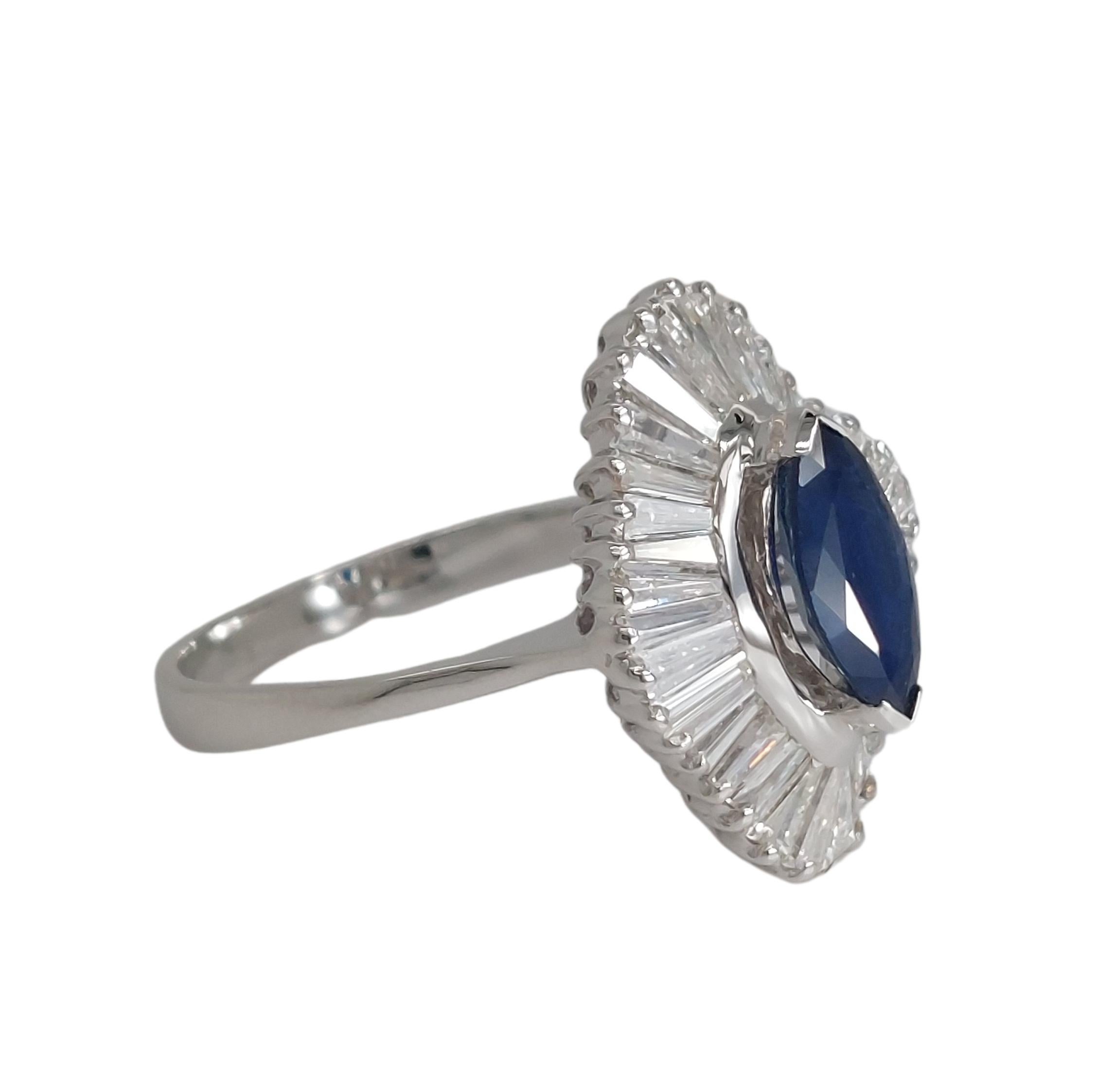 18kt White Gold Ring with 1.02ct Marquise Cut Sapphire and 2.4ct Diamonds For Sale 1