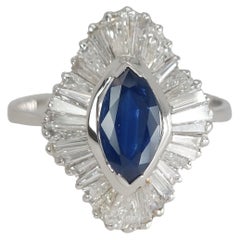 Vintage 18kt White Gold Ring with 1.02ct Marquise Cut Sapphire and 2.4ct Diamonds