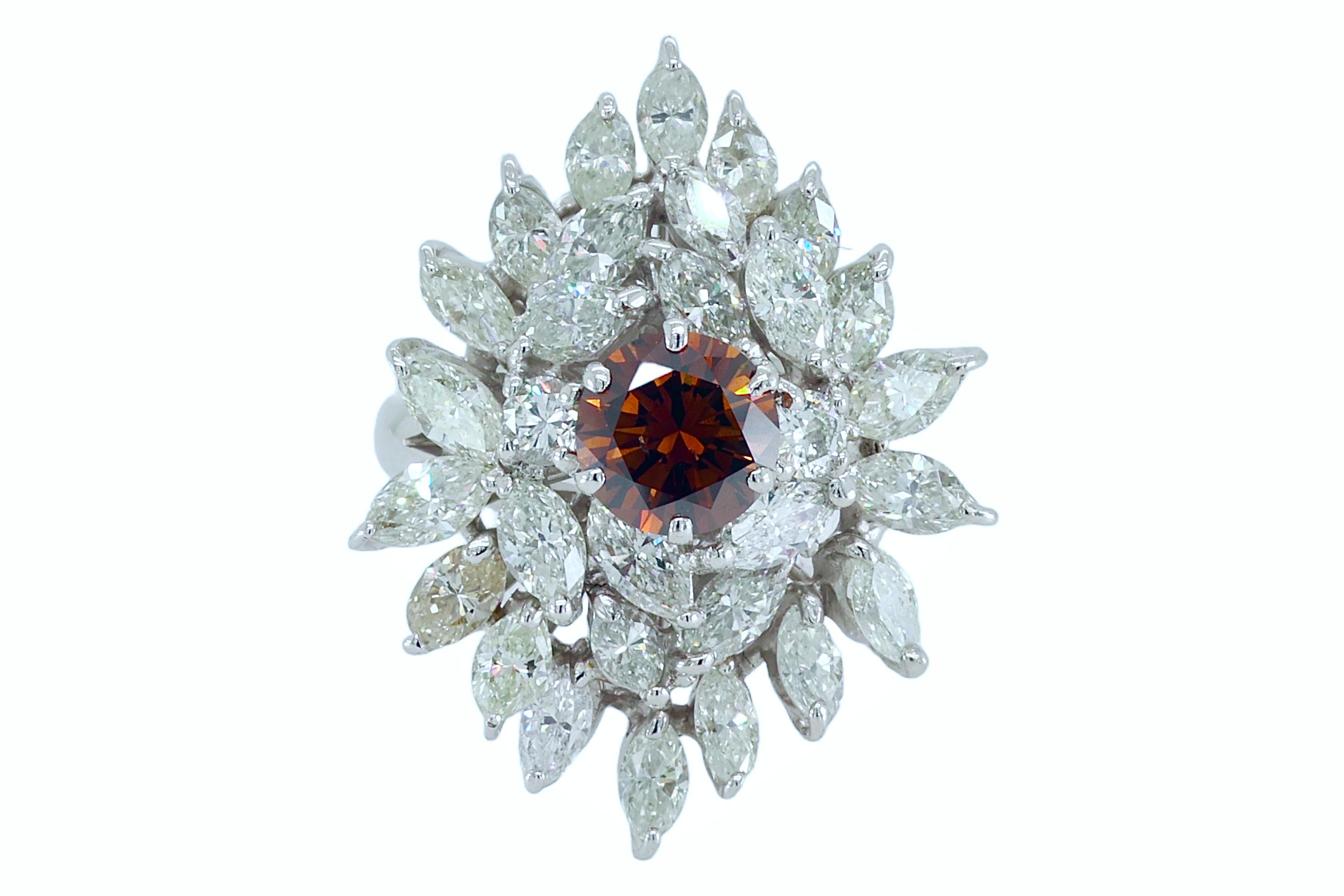 Artisan 18kt White Gold Ring with 1.4ct Brown Diamond, Marquise & Brilliant Cut Diamonds For Sale