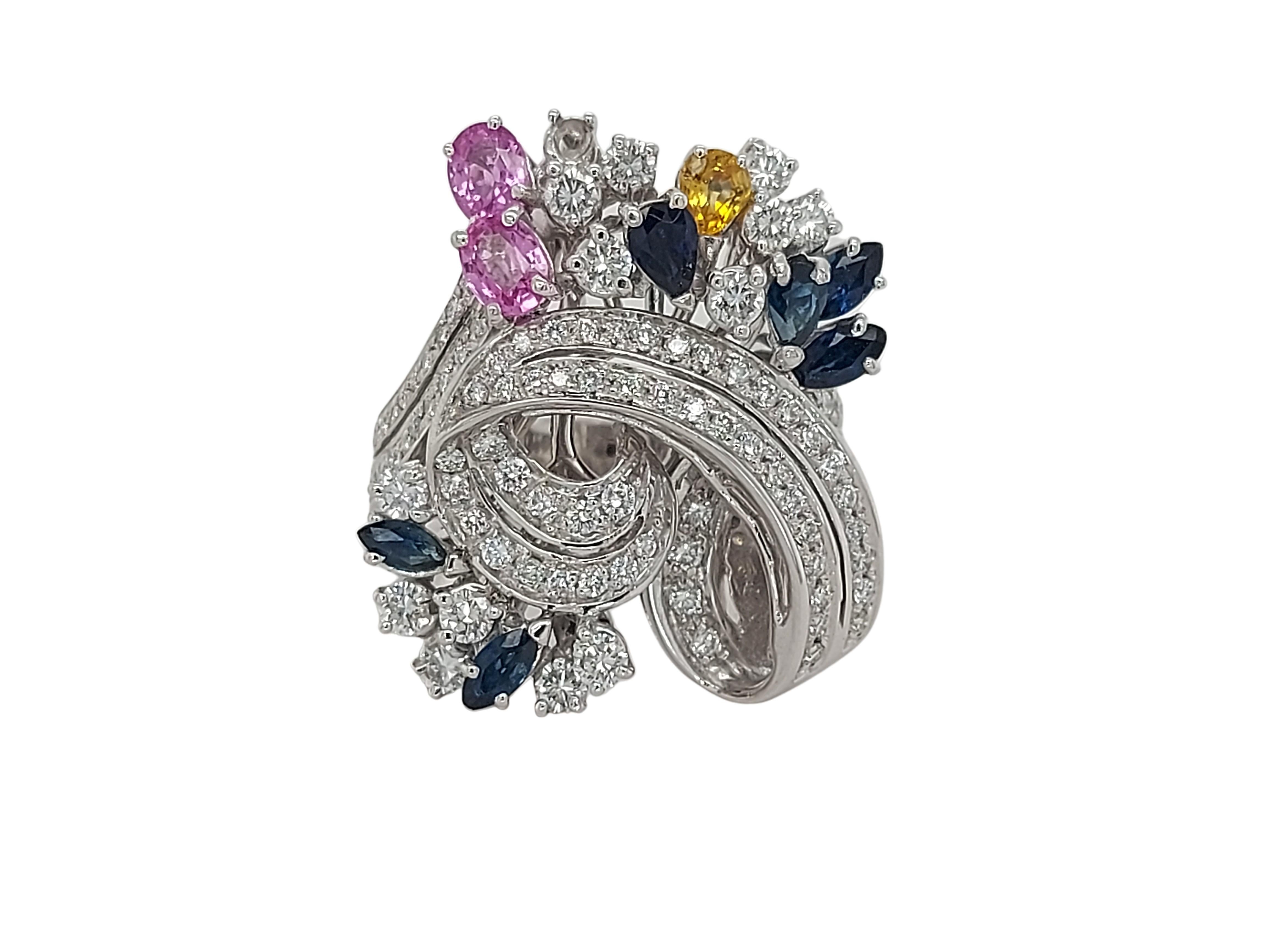 Original, Fun and Luxurious 18kt White Gold Ring With 2.25ct Diamonds & 1.30ct Pink, Yellow, Blue Sapphire

Diamonds: Brilliant cut diamonds, together approx. 2.25ct

Sapphires: Pink, yellow and blue sapphires, together approx. 1.30ct

Material: 18