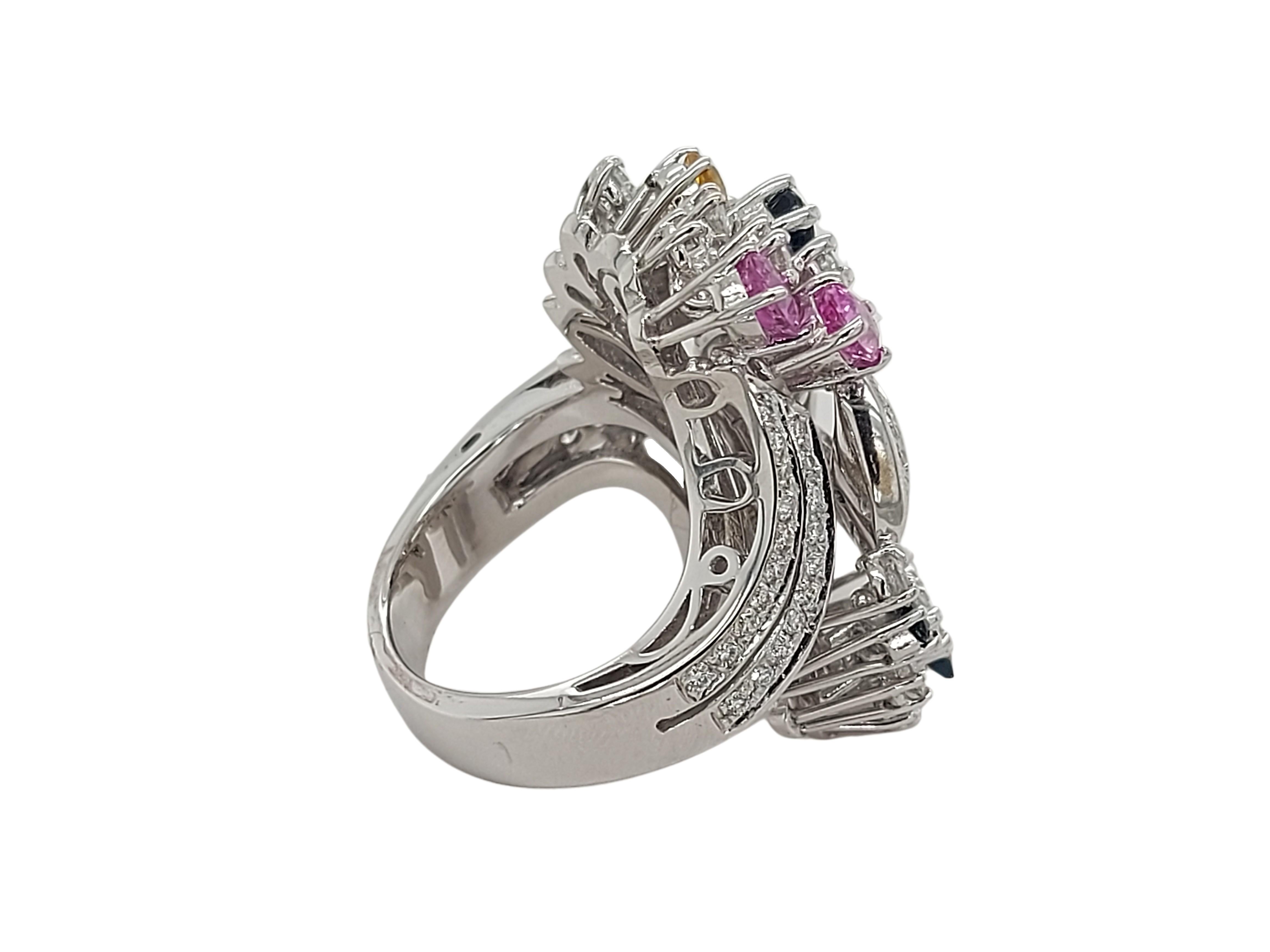 Artisan 18Kt White Gold Ring with 2.25ct Diamonds & 1.30ct Pink, Yellow, Blue Sapphire For Sale