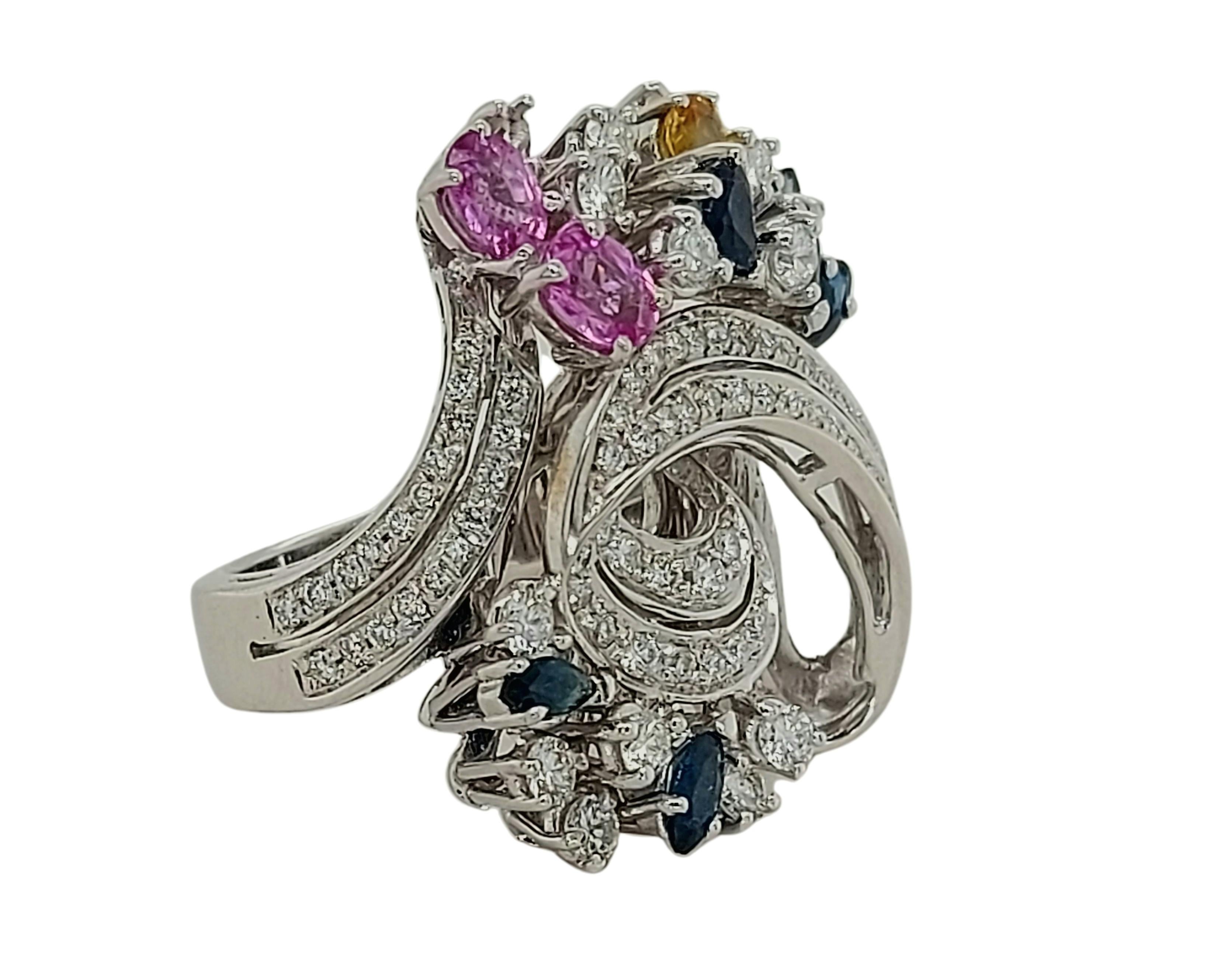 Women's or Men's 18Kt White Gold Ring with 2.25ct Diamonds & 1.30ct Pink, Yellow, Blue Sapphire For Sale