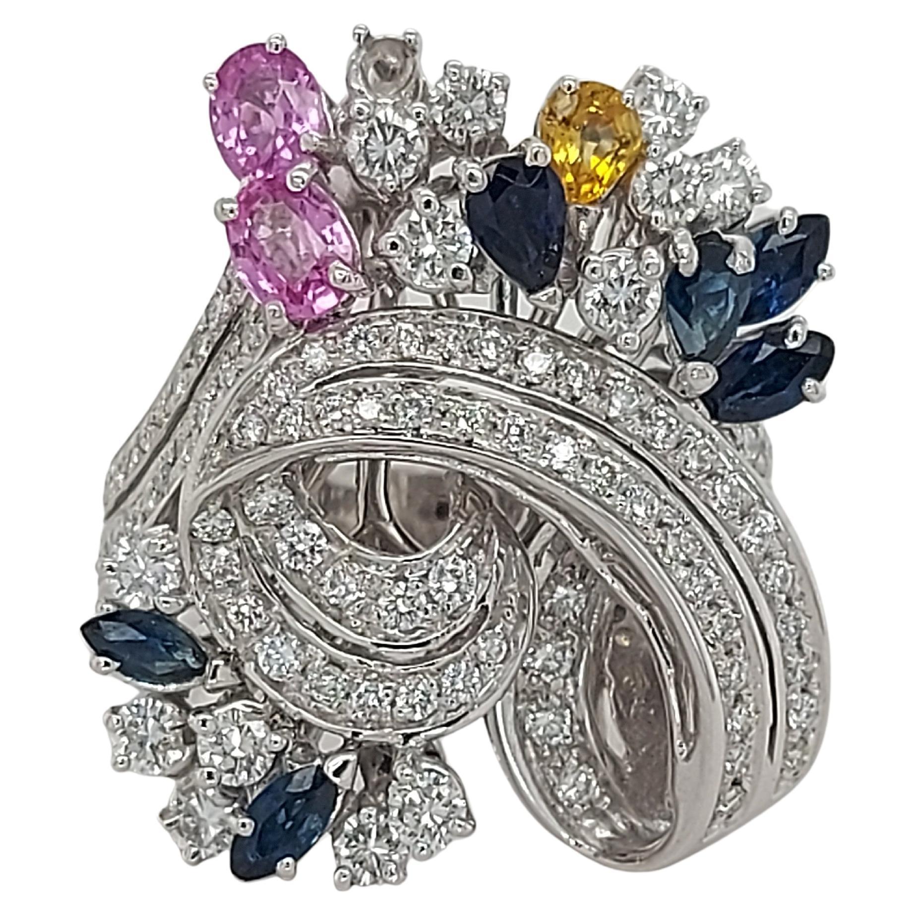 18Kt White Gold Ring with 2.25ct Diamonds & 1.30ct Pink, Yellow, Blue Sapphire For Sale