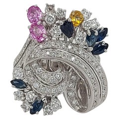 18Kt White Gold Ring with 2.25ct Diamonds & 1.30ct Pink, Yellow, Blue Sapphire