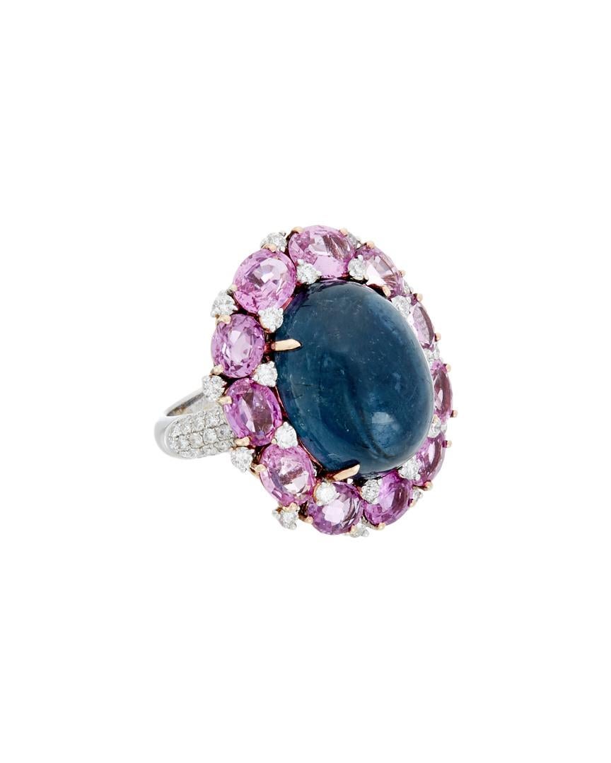 Mixed Cut 18kt White Gold Ring with 25.30 Cts Sapphires and 1.14 Cts Diamonds For Sale