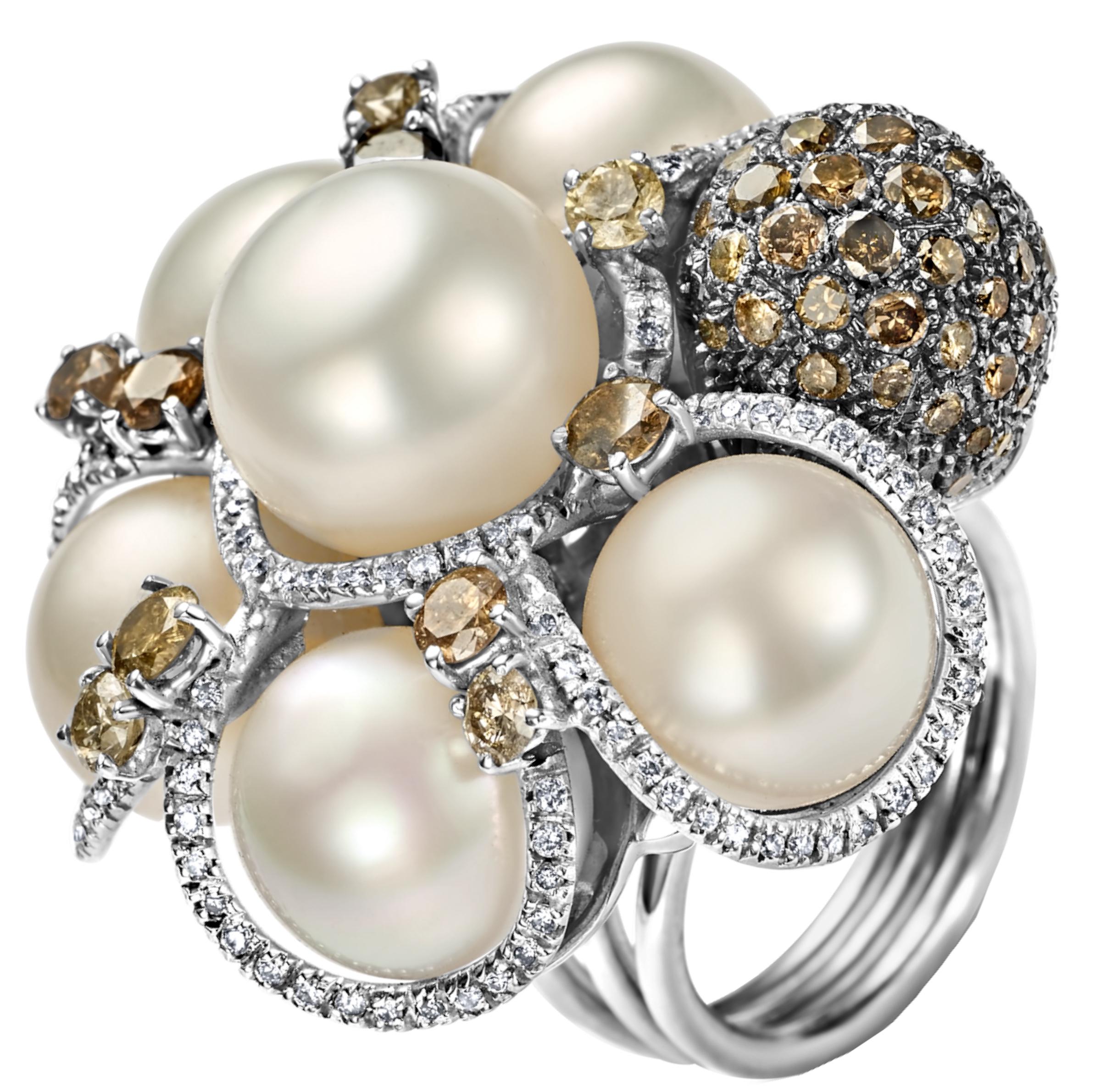 18 Karat Weißgold Ring mit 3,65 Karat Diamanten und Perlen, kann mit Armband gekauft werden (Rundschliff) im Angebot