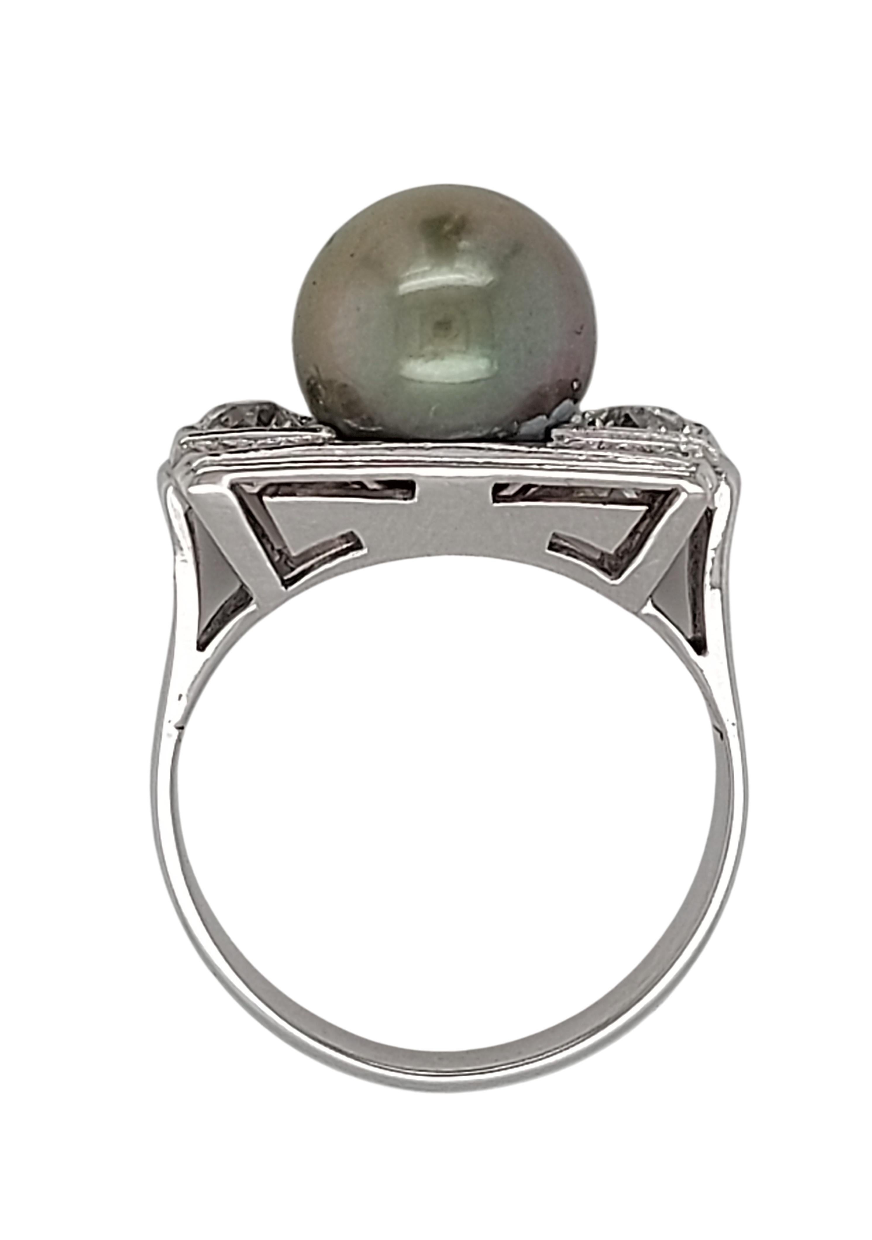 18kt White Gold Ring with Green Tahiti Pearl and 0.5ct Old Mine Cut Diamonds 2