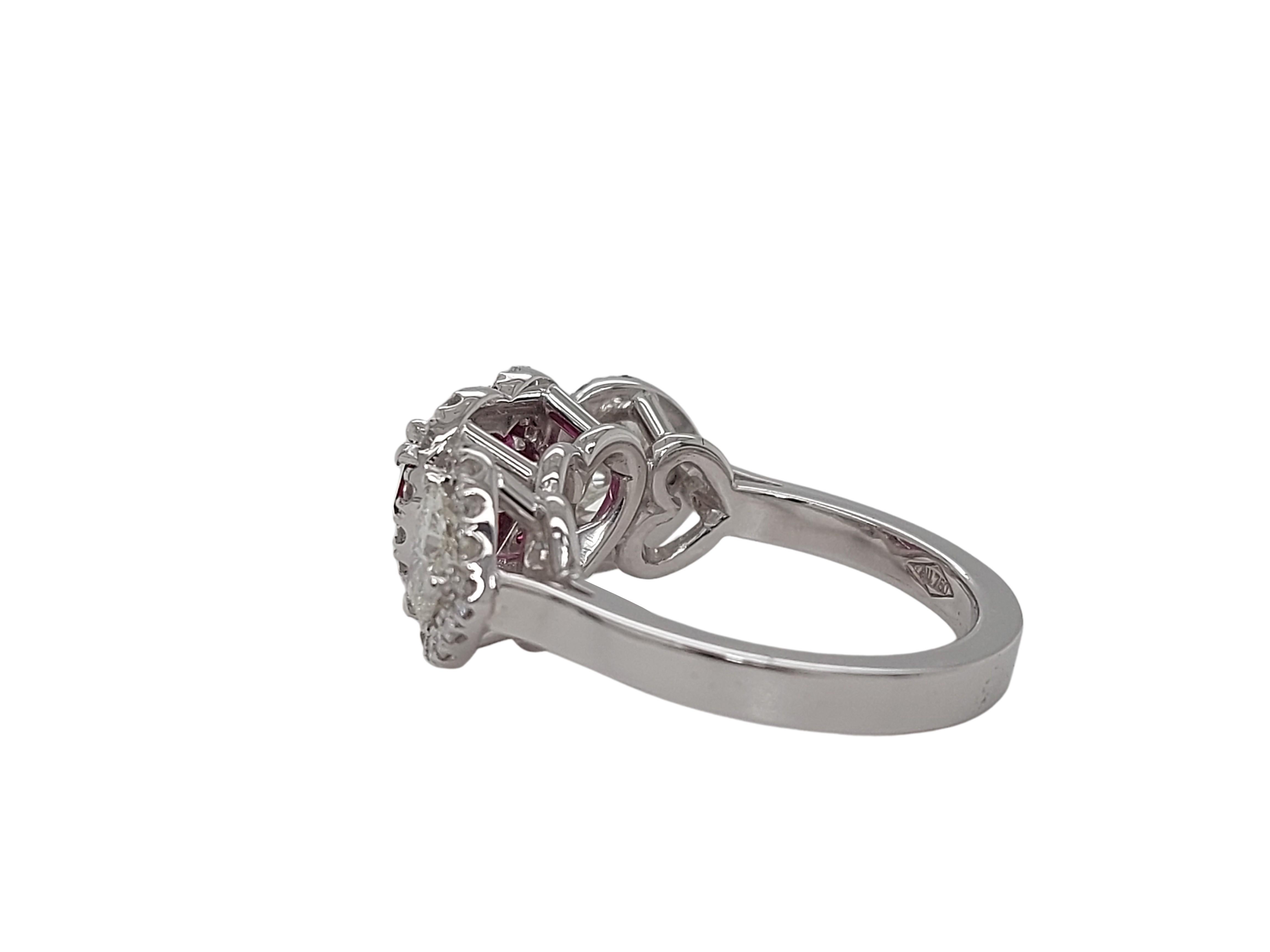 18kt White Gold Ring with Heart Shaped Ruby and Diamonds , CGL Certified For Sale 5