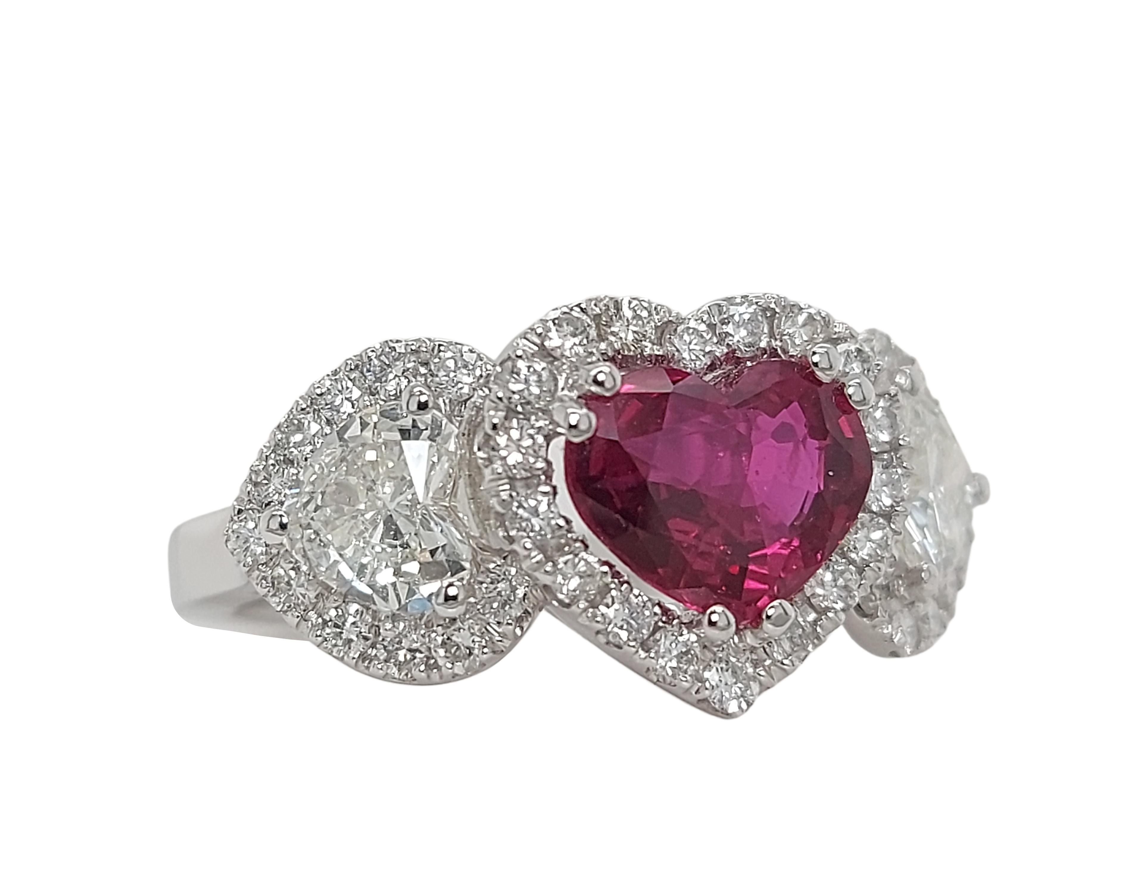 Artisan 18kt White Gold Ring with Heart Shaped Ruby and Diamonds , CGL Certified For Sale